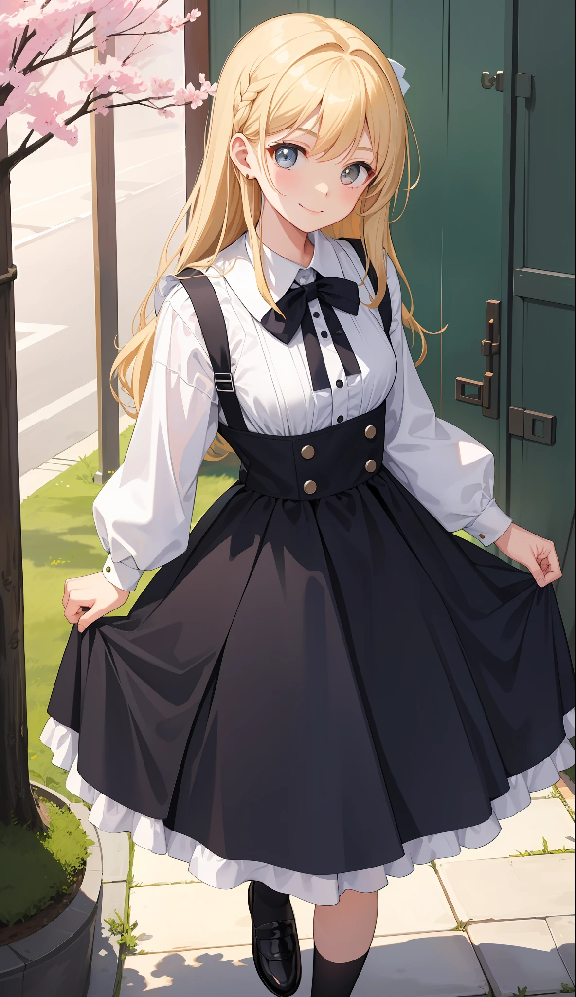 1girl in、AS-Adult、A smile、A delightful!　The shirt、skirt by the、（small tits）pinafore、doress、hair adornments、（Maids）、Spring breeze、