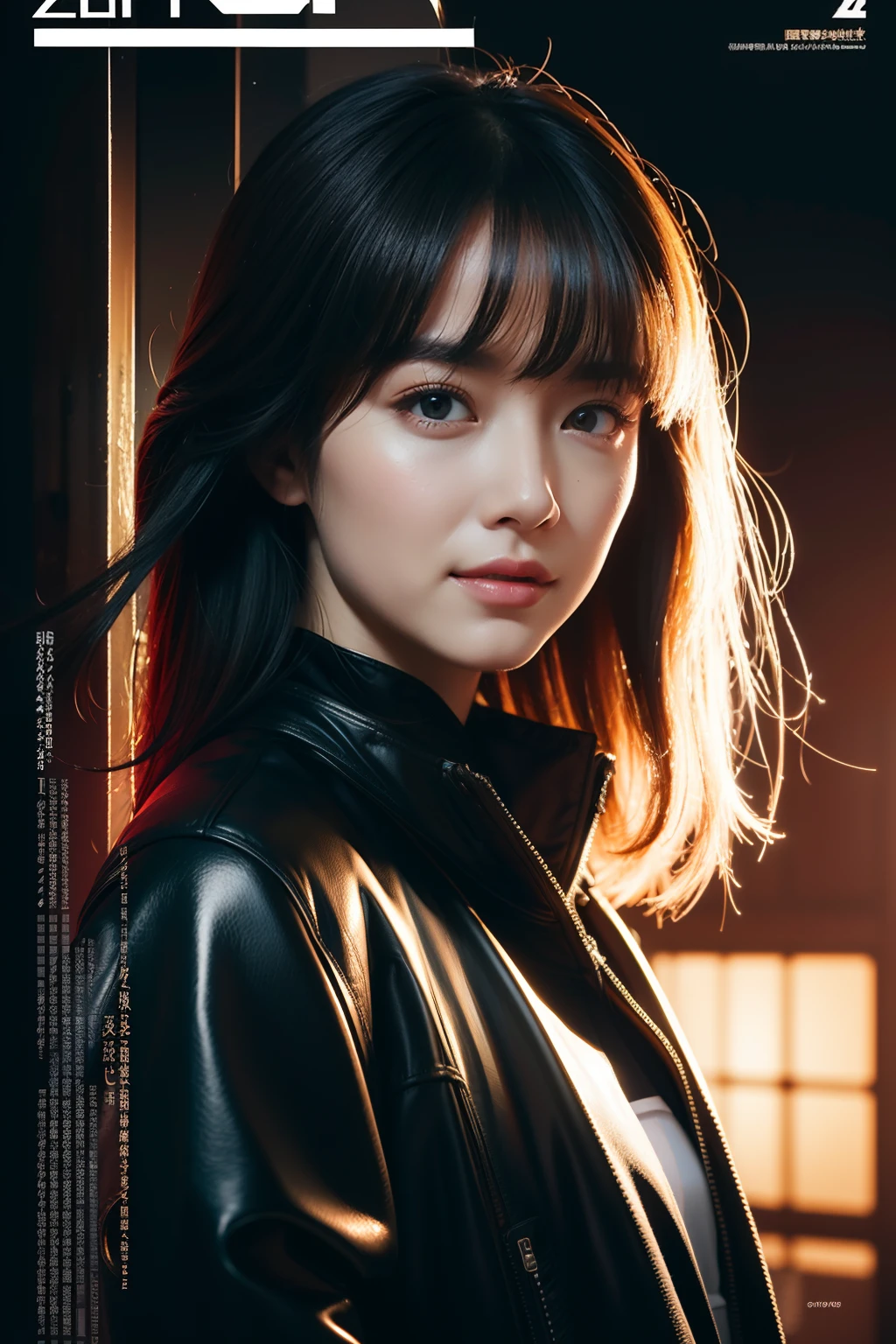 (8K分辨率,。.3D,offcial art,(MagazineCover:1.4),attention-grabbing,Oversized title font,Catchy,The title is larger,More eye-catching,modern day),(1womanl,(Tyver's facial features:1.8,s delicate face),Jet black slightly curly hair,(Fluffy and messy, There are levels),((Machine body),(Skinny mech jacket),Lights on armor,Controller headgear,dynamicposes),perfect hand,Ultra-fine material),(Cyberpunk woman and her mech,City ruins of war,Buildings on fire,scientific fiction,Exquisite environmental details,MagazineCover:1.4),(exhilarated,confident smile,Rejoice),(Cover typography,profesional lighting,动态照明 ,Maximum clarity and sharpness, Many-Layer Textures, Albedo e mapas Speculares),((Strong color contrast,(black in color,blue colors,red colour))),(Golden section,Cover of a,low angle shot,depth of fields,perfectly proportions,Hasselblad photograp,tmasterpiece:1.3),(vogue cover,Reflectors,Sharp focus,Cyberpunk art of a,Cyberpunk Building,Art platform)