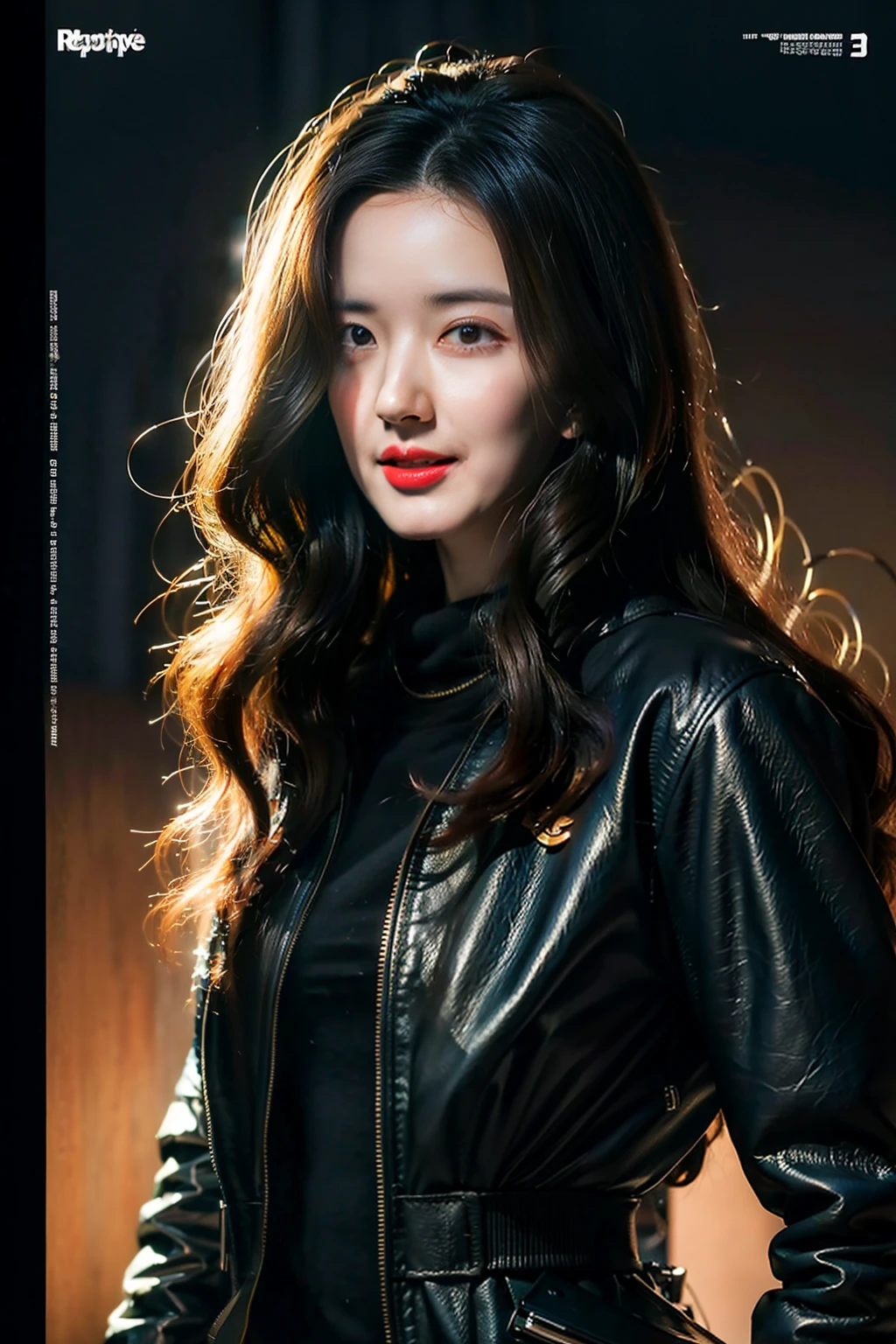 (8K分辨率,。.3D,offcial art,(MagazineCover:1.4),attention-grabbing,Oversized title font,Catchy,The title is larger,More eye-catching,modern day),(1womanl,(Tyver's facial features:1.8,s delicate face),Jet black slightly curly hair,(Fluffy and messy, There are levels),((Machine body),(Skinny mech jacket),Lights on armor,Controller headgear,dynamicposes),perfect hand,Ultra-fine material),(Cyberpunk woman and her mech,City ruins of war,Buildings on fire,scientific fiction,Exquisite environmental details,MagazineCover:1.4),(exhilarated,confident smile,Rejoice),(Cover typography,profesional lighting,动态照明 ,Maximum clarity and sharpness, Many-Layer Textures, Albedo e mapas Speculares),((Strong color contrast,(black in color,blue colors,red colour))),(Golden section,Cover of a,low angle shot,depth of fields,perfectly proportions,Hasselblad photograp,tmasterpiece:1.3),(vogue cover,Reflectors,Sharp focus,Cyberpunk art of a,Cyberpunk Building,Art platform)