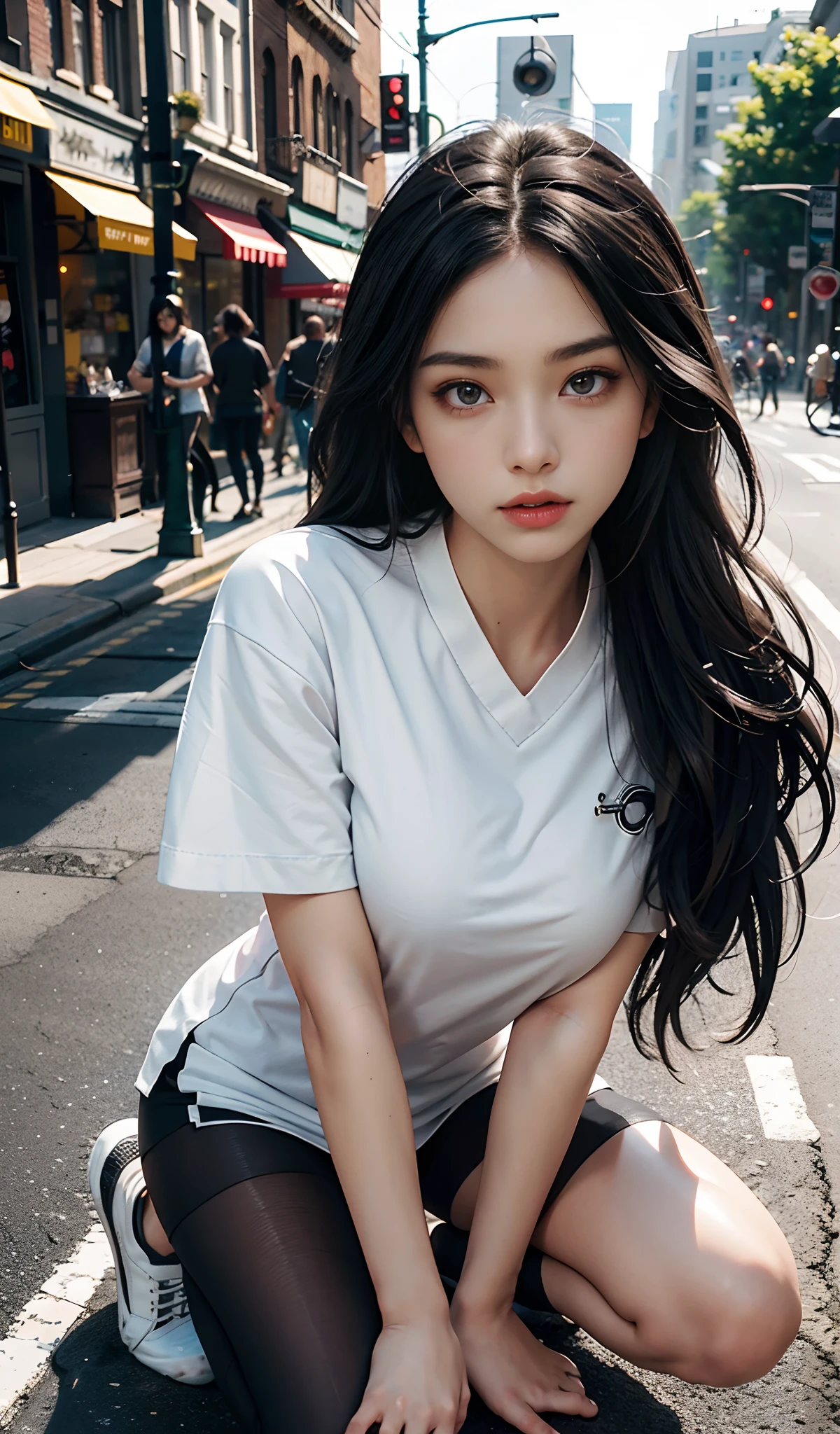 （Black sport socks：1 brunette girl）， tmasterpiece， best qualtiy， RAW photogr， realisticlying， the face， Incredibly Ridiculous res， Beautiful Genki beauty， ear studs， (Long silver-black hair)，White shirt，(Black sport socks)，(canvas shoe+)，depth of fields， A high resolution， ultra - detailed， filigree， RAWE is very detailed， very detailed eyes and faces， Sharp pupils， realistic pupil， tack sharp focus， cinmatic lighting，full bodyesbian，Bigboobs，long leges，Look from the front，European Street，dynamicposes