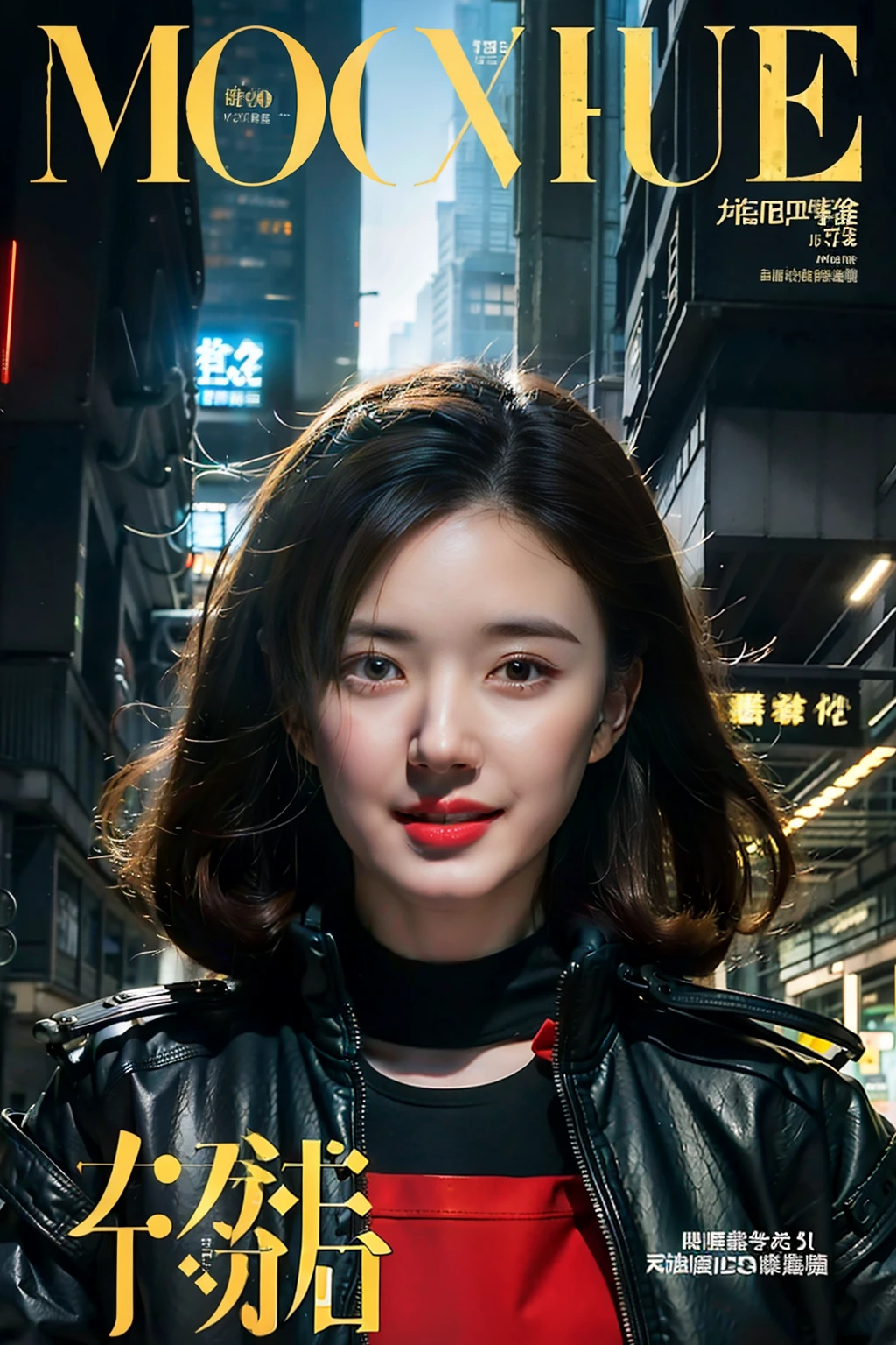 (8K分辨率,。.3D,offcial art,(MagazineCover:1.4),attention-grabbing,Oversized title font,Catchy,The title is larger,More eye-catching,modern day),(1womanl,(Tyver's facial features:1.8,s delicate face),Jet black slightly curly hair,(Fluffy and messy, There are levels),((Machine body),(Skinny mech jacket),Lights on armor,Controller headgear,dynamicposes),perfect hand,Ultra-fine material),(Cyberpunk woman and her mech,City ruins of war,Buildings on fire,scientific fiction,Exquisite environmental details,MagazineCover:1.4),(exhilarated,confident smile,Rejoice),(Cover typography,profesional lighting,动态照明 ,Maximum clarity and sharpness, Many-Layer Textures, Albedo e mapas Speculares),((Strong color contrast,(black in color,blue colors,red colour))),(Golden section,Cover of a,low angle shot,depth of fields,perfectly proportions,Hasselblad photograp,tmasterpiece:1.3),(vogue cover,Reflectors,Sharp focus,Cyberpunk art of a,Cyberpunk Building,Art platform)