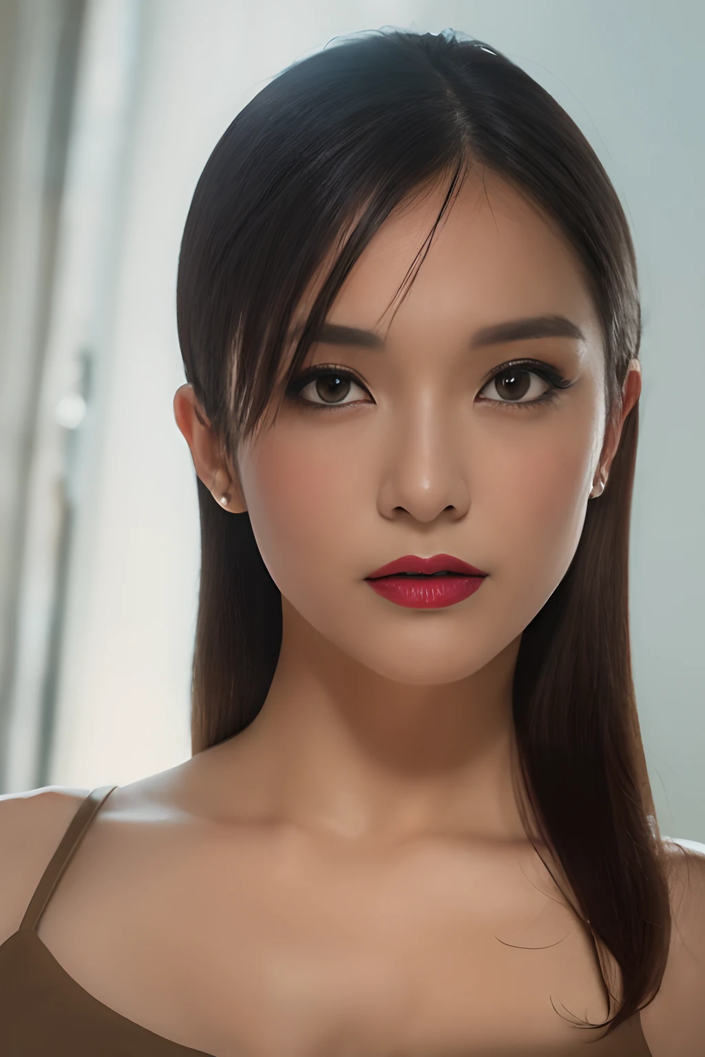 High quality, Shiny skin, (masutepiece:1.4), (8K, Photorealsitic, Raw photo, Best Quality: 1.4), japanes, (1girll), Beautiful face, (Realistic face:1.4), Beautiful hairstyle, Beautiful detailed eyes, (Best Ratio Eyes:1.5), Attractive, 超A high resolution, Ultra photo realsisim, Highly detailed, Optimal ratio, (Detailed face:1.4), view the viewer, red lipsticks, (Best Ratio Fingers:1.5), (Realistic brown eyes:1.2), High Proportion Realistic Breasts, Realistic medium breasts, (Closed mouth:1.5), Slender body, Face with squinted eyes, Long straight hair, Detailed skin, Realistic, Photorealsitic, Highly detailed, full length frame, High Detail RAW Color Art, Piercing, diffused soft lighting, Shallow depth of field, foco nítido, Cinematic lighting