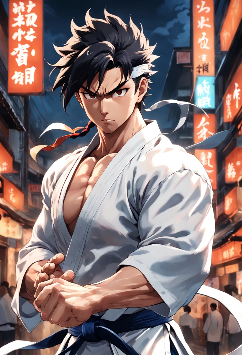 A perfect art by Ryu from Street Figther with his white kimono and a serious, tight-lipped expression, olhando para frente, cabelos pretos, dougi, luvas sem dedos, detalhes incriveis, sombras perfeitas, olhos perfeitos, perfect hands and fingers, foco masculino.