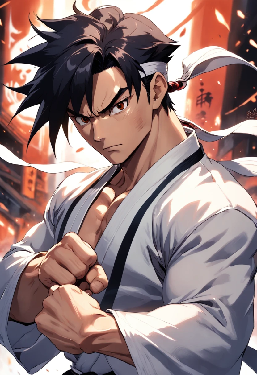 A perfect art by Ryu from Street Figther with his white kimono and a serious, tight-lipped expression, olhando para frente, cabelos pretos, dougi, luvas sem dedos, detalhes incriveis, sombras perfeitas, olhos perfeitos, perfect hands and fingers, foco masculino.