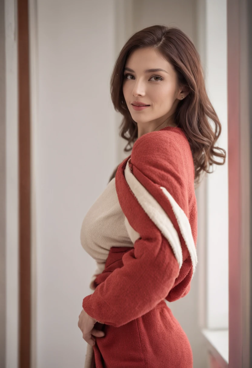 ((A man)) strong and handsome, wrapped in a towel without clothes, red, opens the door of his room to receive an attractive woman with large breasts in her early twenties. The woman is wearing a short dress and a red jacket. She is smiling and looking at the man. The room is dimly lit, shadowy, mysterious