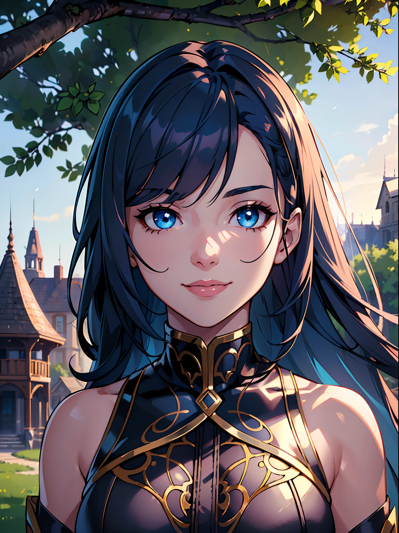 (ultra-detailed CG unity 8k wallpaper, masterpiece, best quality, depth of field, HDR, intricate), ray tracing, vibrant colors, girl, sharp focus, cinematic lighting, detailed outfit, perfect eyes, rich in details and textures, perfect eyes, blue hair, golden eyes, hair between eyes, long hair, outdoors, under tree, smiling, town