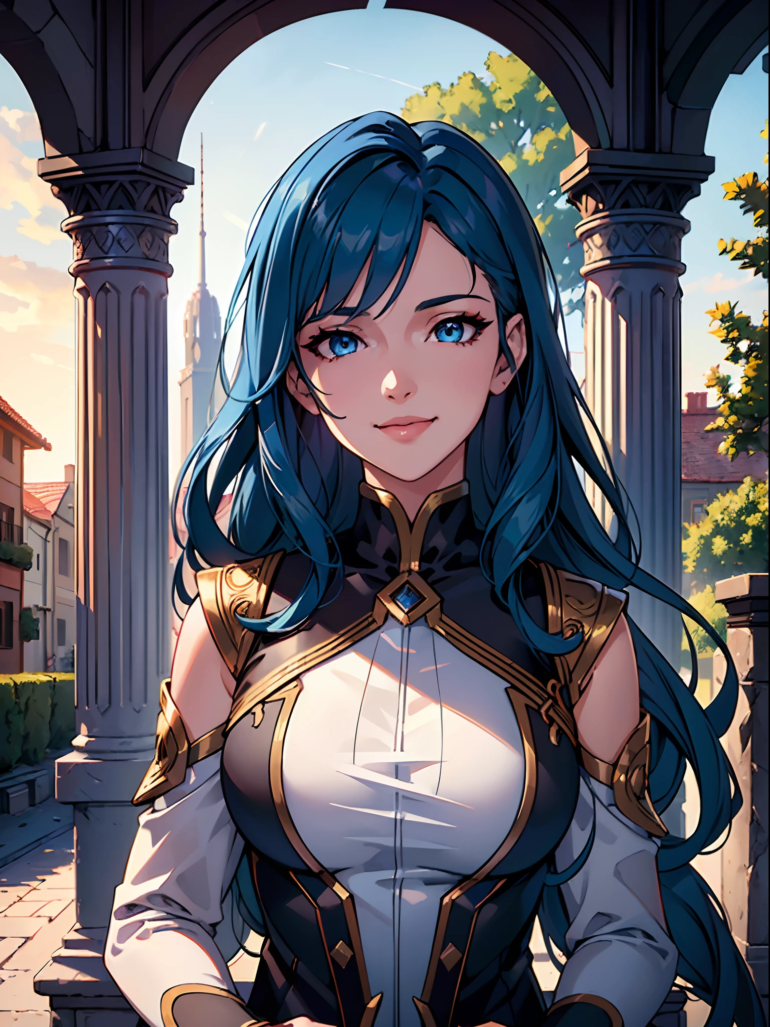 (ultra-detailed CG unity 8k wallpaper, masterpiece, best quality, depth of field, HDR, intricate), ray tracing, vibrant colors, girl, sharp focus, cinematic lighting, detailed outfit, perfect eyes, rich in details and textures, perfect eyes, blue hair, golden eyes, hair between eyes, long hair, outdoors, under tree, smiling, town