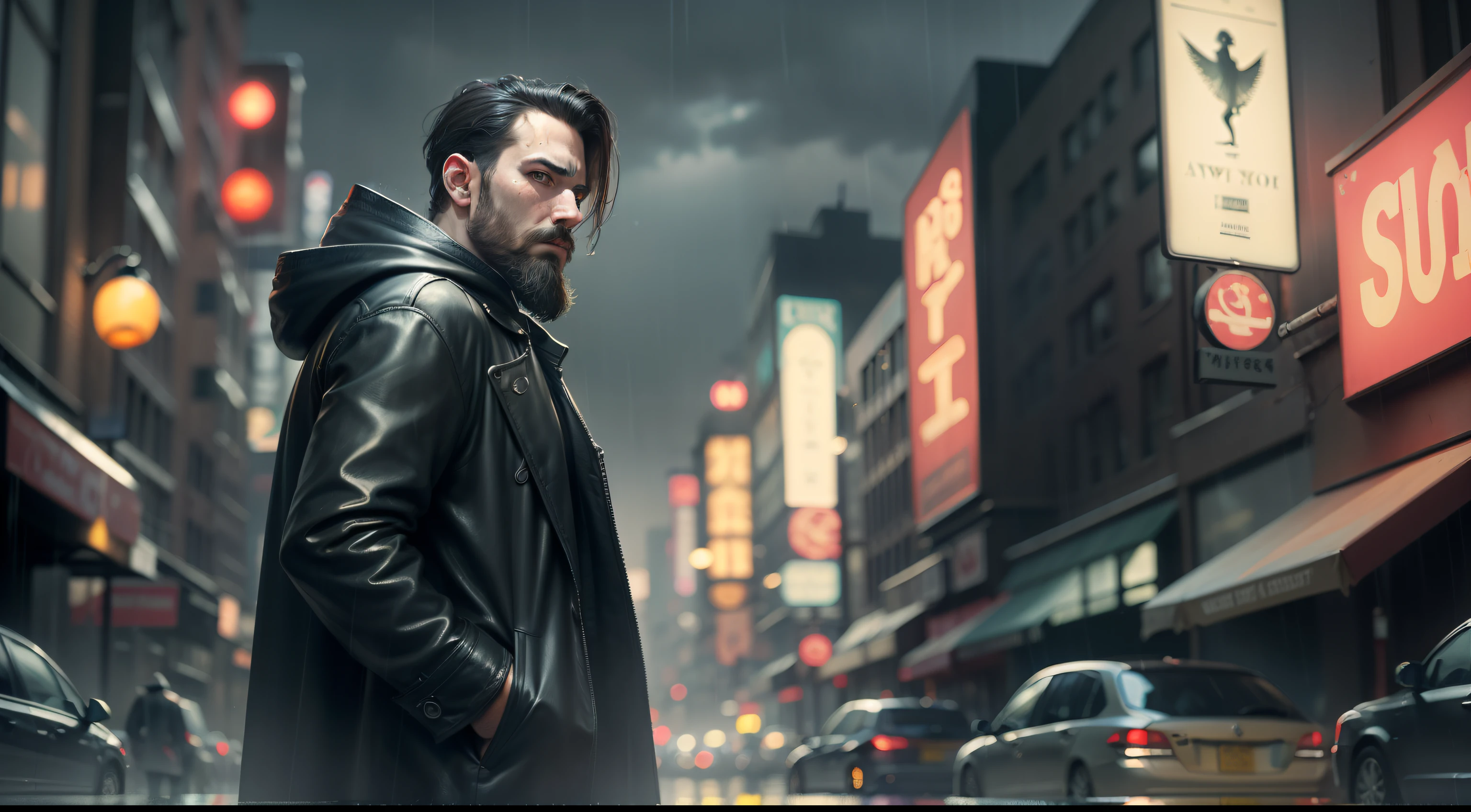 (masterpiece, best quality: 1.2), ultra-detailed face, (soft colors: 1.2, studio dark, rim lighting, dual-tone lighting, dim light, low tone, ), ((heavy rain weather)), skin cover long leather rain , A poster for a 1930s \(style\), detective film noir,(atmosphere noir:1), gloomy atmosphere, night city street, emphasis on color noir, New York in the 1930s , realistic image, mysterious man, 30 years old, beard and mustache, wearing black clothing, and a long black leather coat, with hood, , frontal position,