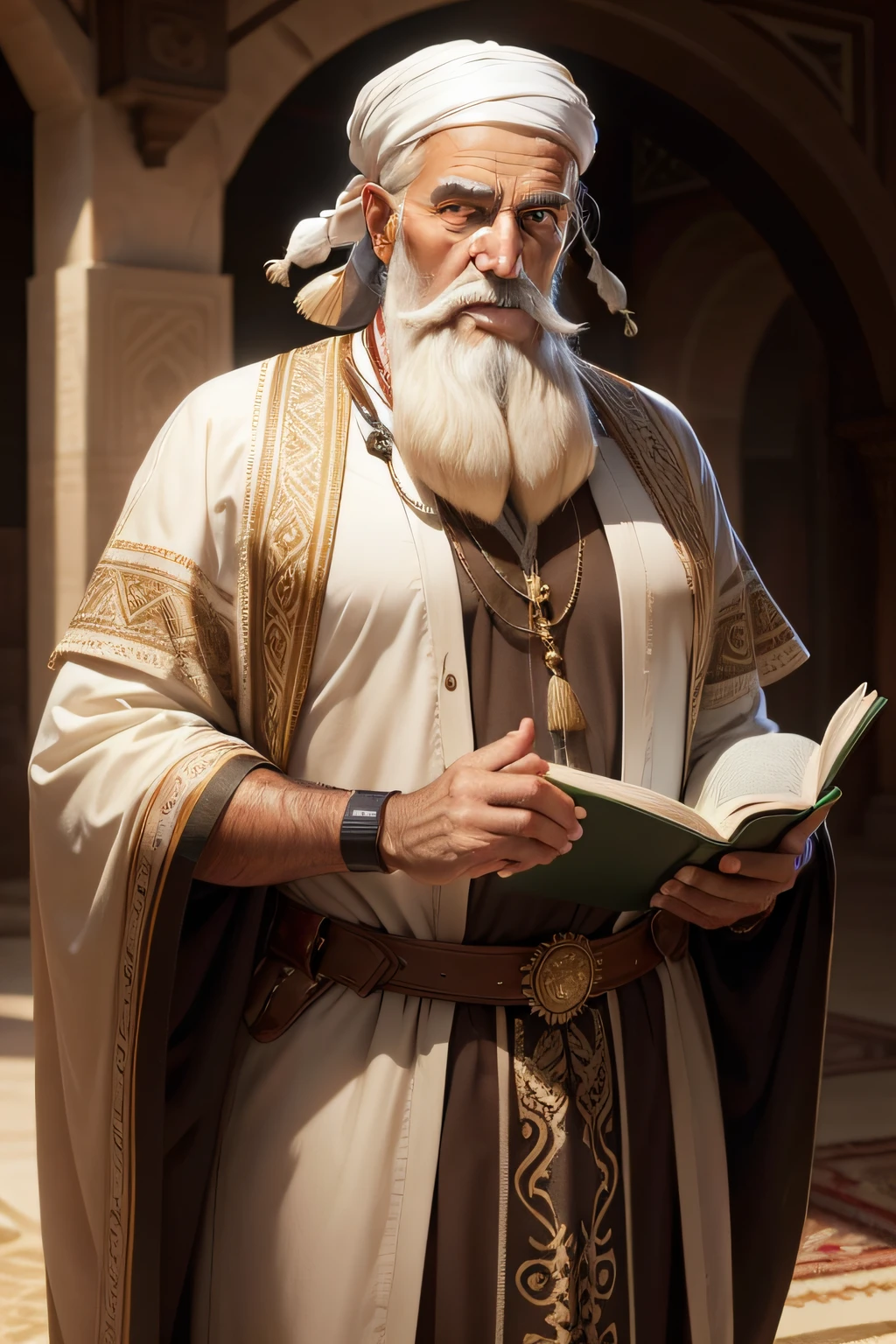 Older man with beard and Arab culture look forward, segurando um livro