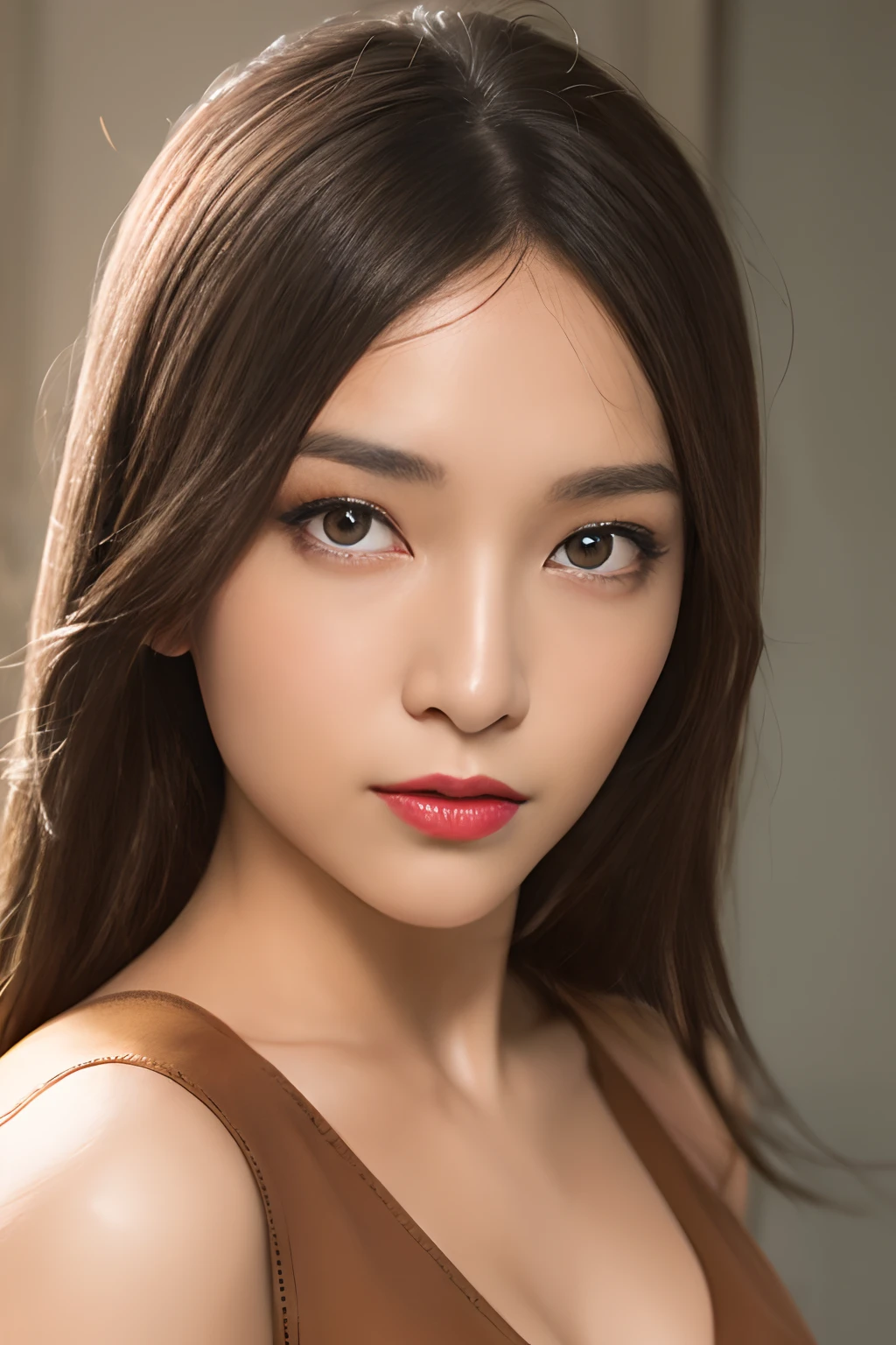 High quality, Shiny skin, (masutepiece:1.4), (8K, Photorealsitic, Raw photo, Best Quality: 1.4), japanes, (1girll), Beautiful face, (Realistic face:1.4), Beautiful hairstyle, Beautiful detailed eyes, (Best Ratio Eyes:1.5), Attractive, 超A high resolution, Ultra photo realsisim, Highly detailed, Optimal ratio, (Detailed face:1.4), view the viewer, red lipsticks, (Best Ratio Fingers:1.5), (Realistic brown eyes:1.2), High Proportion Realistic Breasts, Realistic medium breasts, (Closed mouth:1.5), Slender body, Face with squinted eyes, Long straight hair, Detailed skin, Realistic, Photorealsitic, Highly detailed, full length frame, High Detail RAW Color Art, Piercing, diffused soft lighting, Shallow depth of field, foco nítido, Cinematic lighting