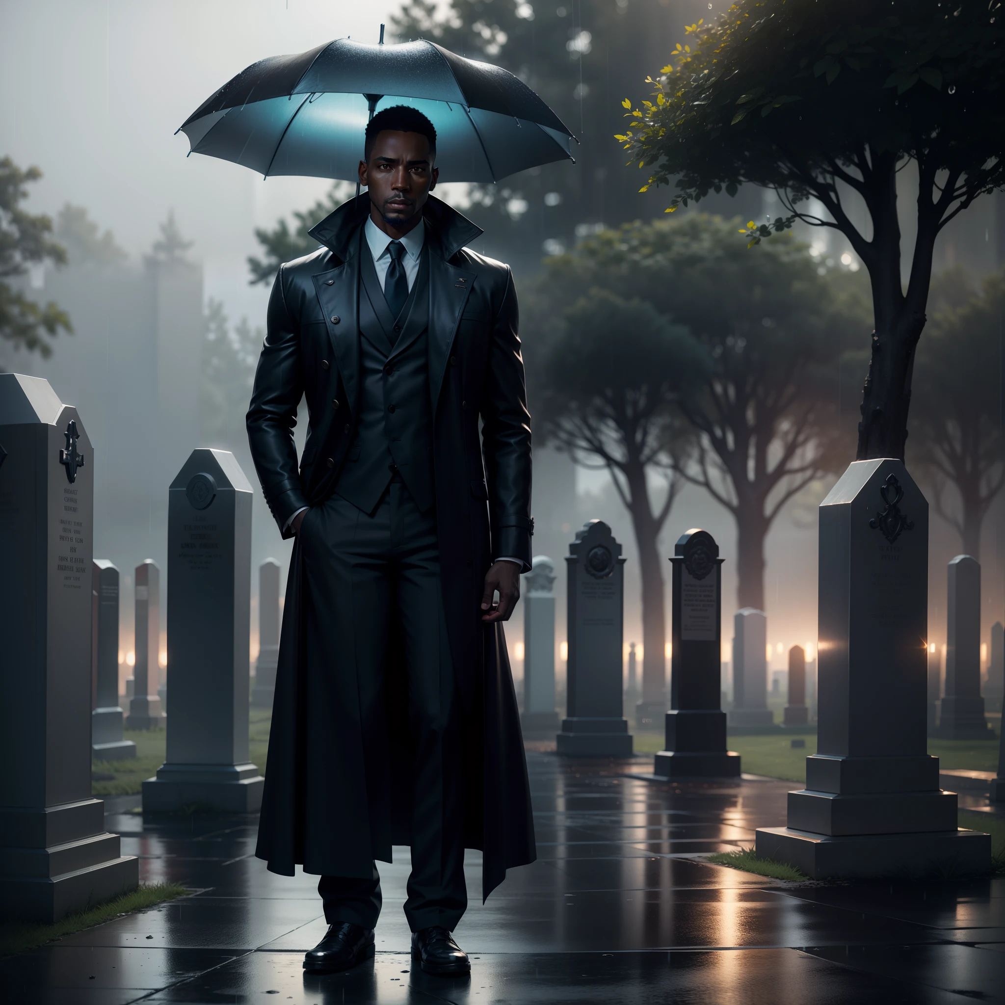 Black man standing at the cemetery in the rain looking sad, with iridescent light, highly detailed images, vibrant beautiful colours, photorealistic image, 8k, ultra HD, unreal engine rendered, cinematic lighting, artgerm style,