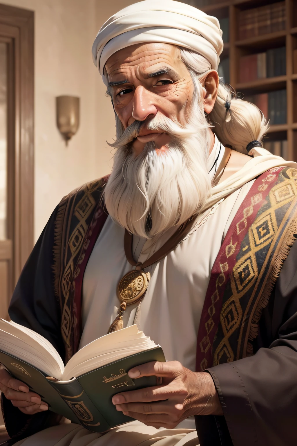Older man with beard and Arab culture look forward, segurando um livro