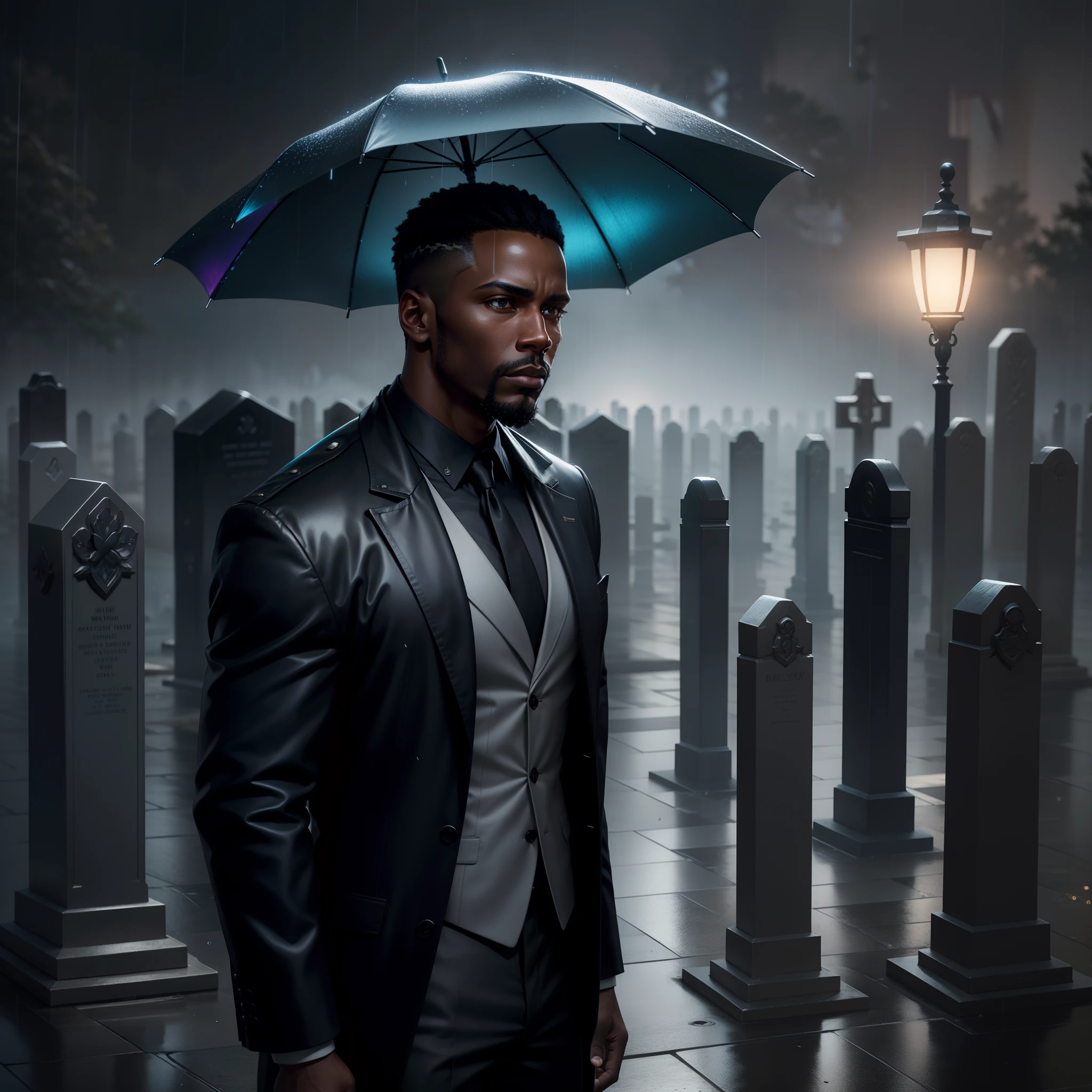 Black man standing at the cemetery in the rain looking sad, with iridescent light, highly detailed images, vibrant beautiful colours, photorealistic image, 8k, ultra HD, unreal engine rendered, cinematic lighting, artgerm style,