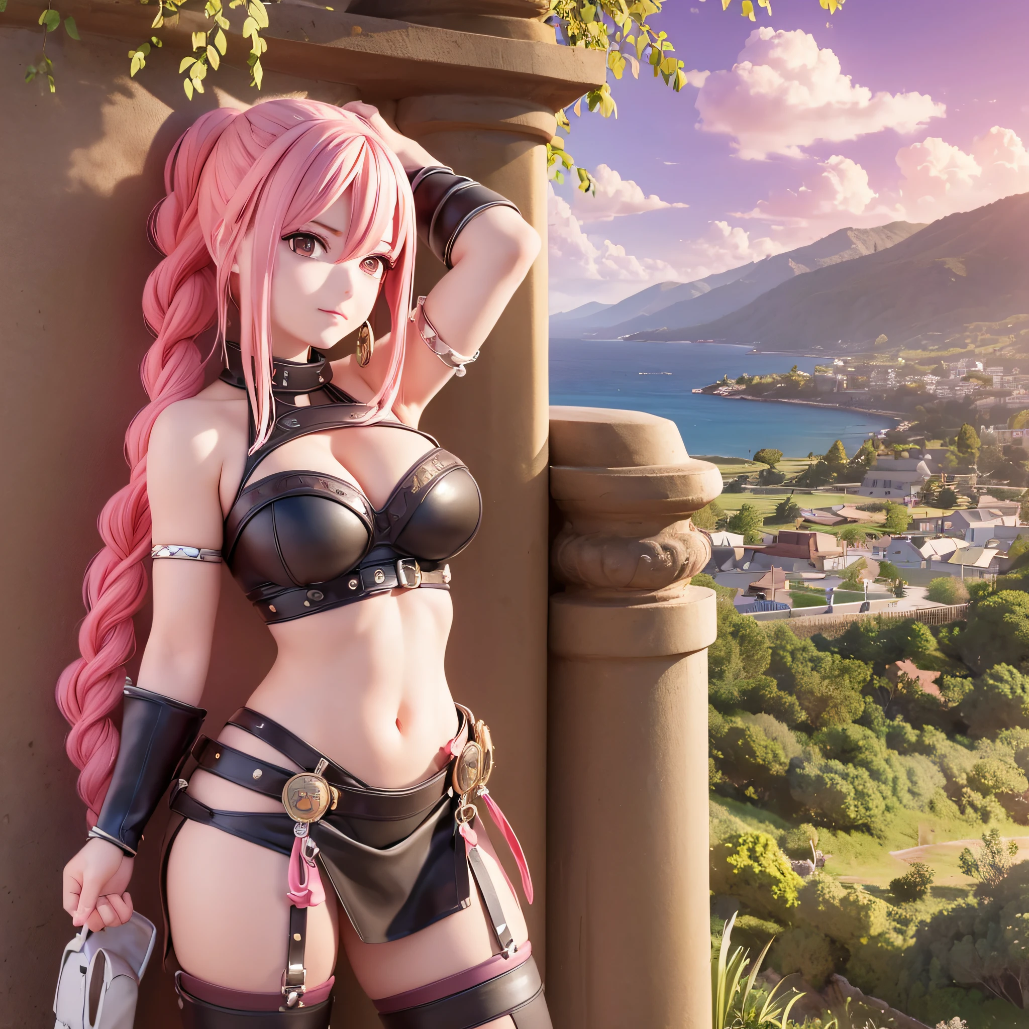 "((best quality, masterpiece))\n\n(manga a play Rebecca, a gladiator from Dressrosa Island),\n\n[3d anime mascot:0.5]. (pink hair braided on the back, brown eyes), \n\n[dynamic pose and angle, high resolution, detailed CG, realistic texture, vivid colors, white background:0.5]\n\n"