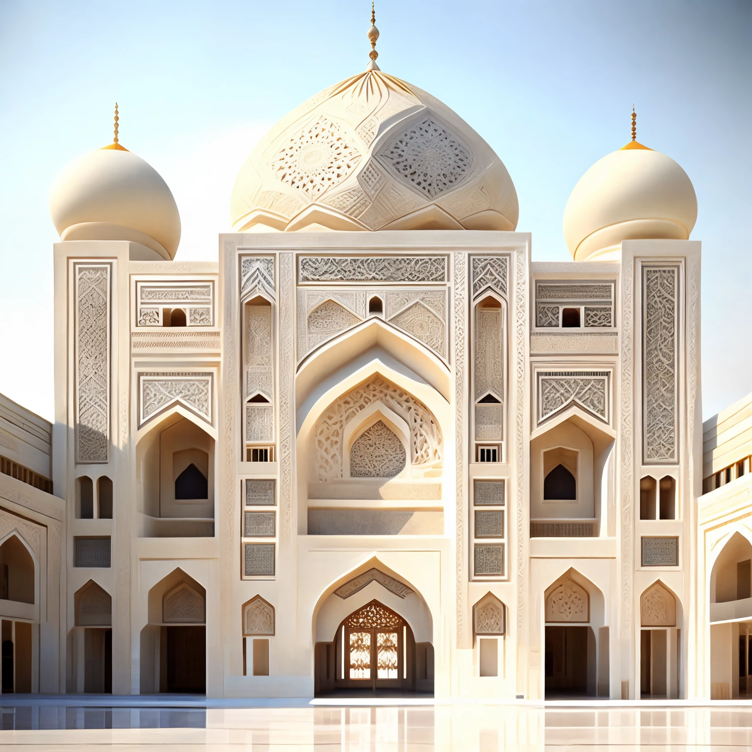 The image of the mosque from the outside, Huge and beautiful building, Natural carved stone construction, Arabic Mosque, Iranian building, Persian Building, Islamic inscriptions, Design of the best architects, Marble flooring, Architectural masterpiece, Photo of the entire building, Realistic, Full and accurate details, Best Quality Building Stones, 巨作, architecture, Natural colors