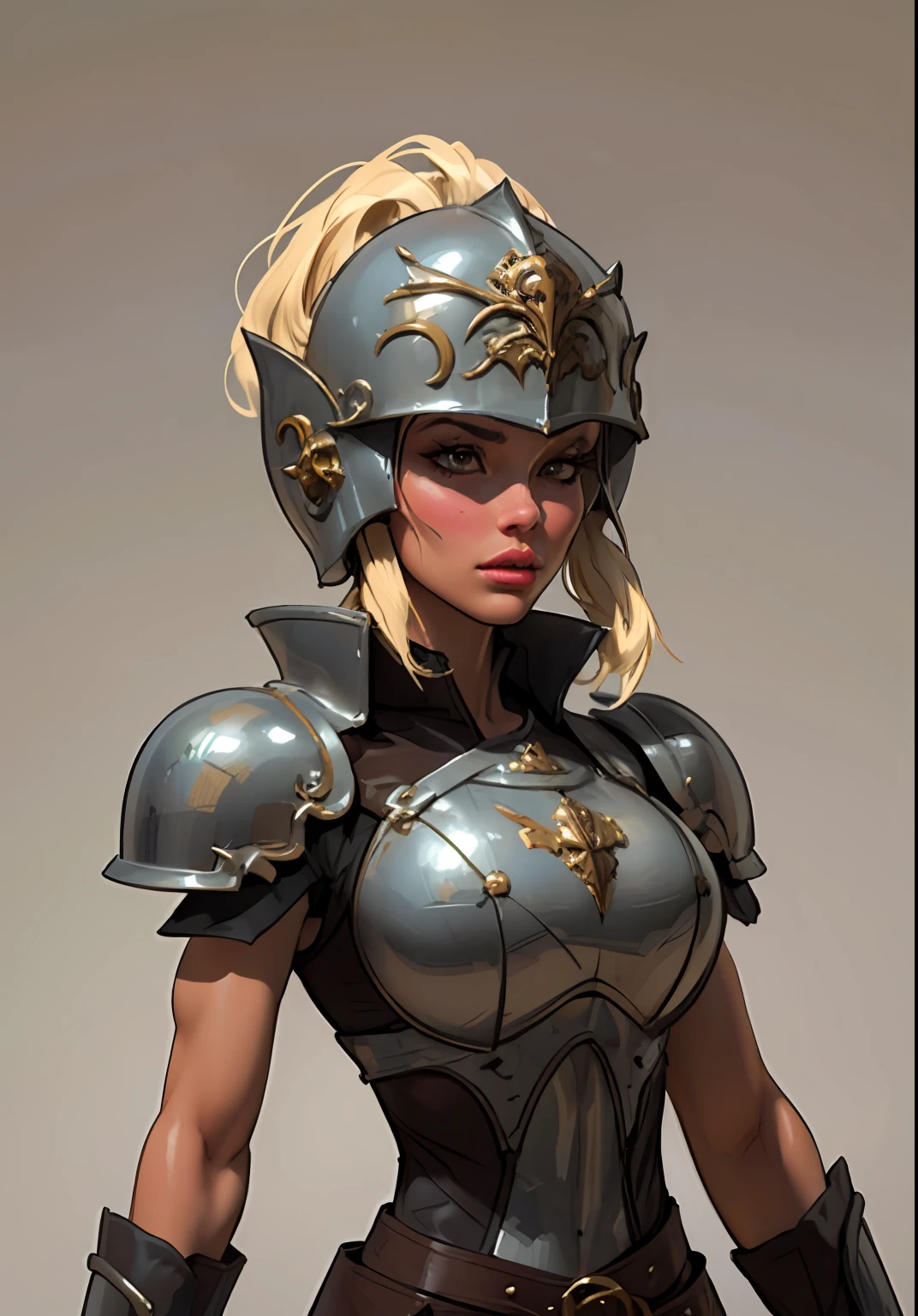 Gray clay style,(masterpiece, best quality), Grayscale,a woman in armor, full armor,helmet,armor,extra arms,breastplate, dark brown skin tone, platinum blonde hair, hair under helmet, pixiecut, dainty, slim helmet, perfect face, pretty face, lush detail,