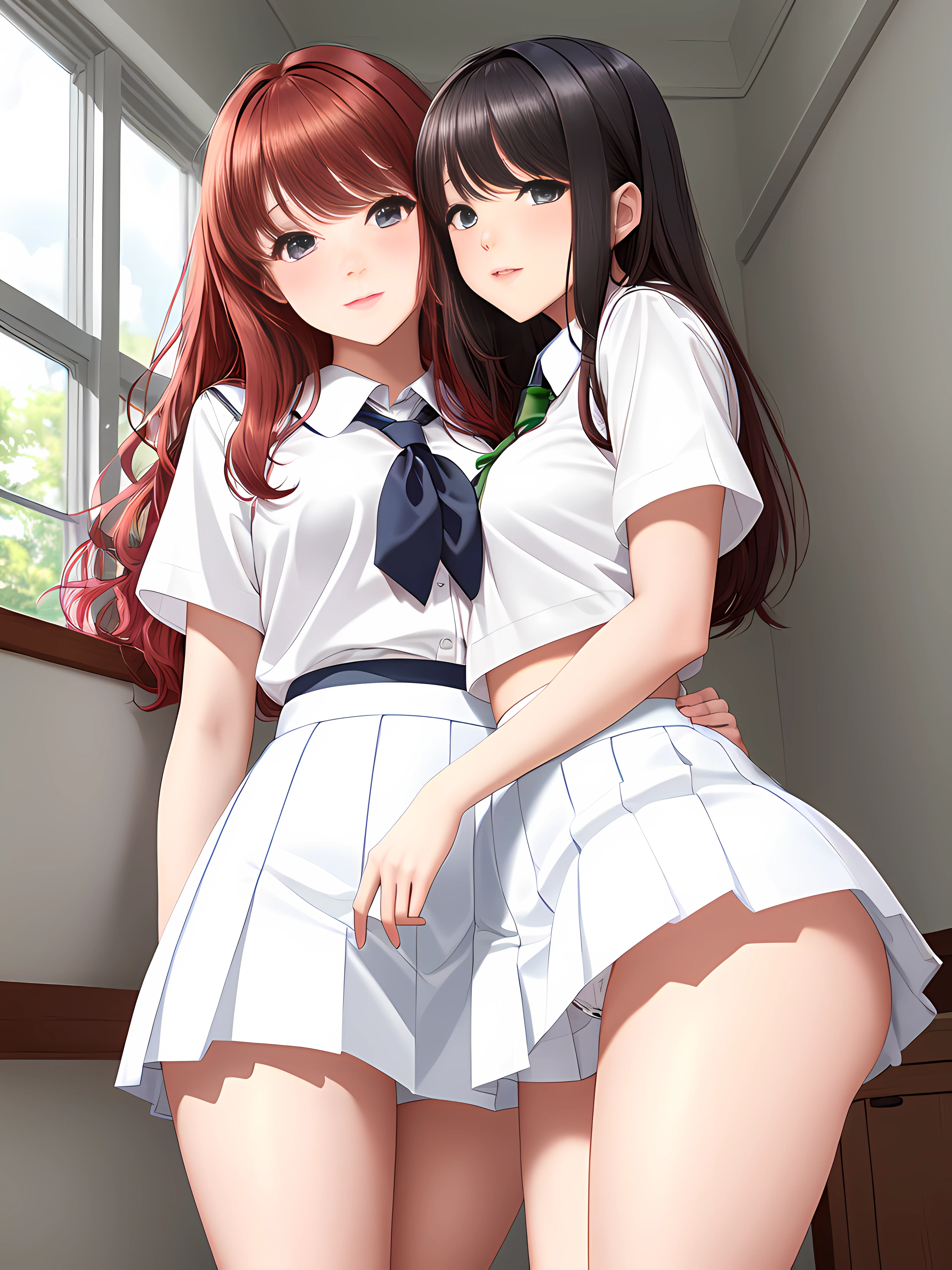 In a private school for girls, in a simple room, gray walls, the window overlooking the garden, two beautiful schoolgirls, sexy, , kissing and having sex lying on the bed, masturbating each other touching each other's vagina under the panties, red hair, green almond eyes, white skin, athletic body, shapely legs, wide hips and small waist, extremely detailed eyes, white blouse, medium chest, schoolgirl uniform, white blouse, long sky blue skirt, white stockings with blue lines on the sides,