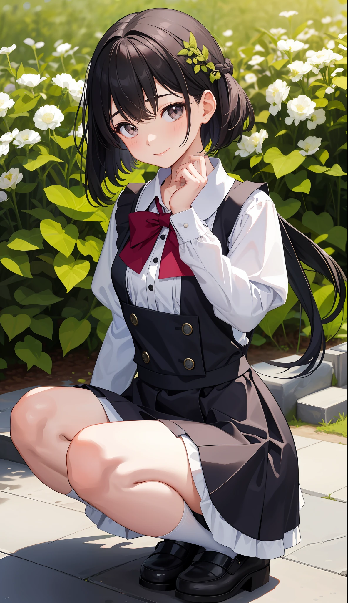 1girl in、AS-Adult、a smile、 The shirt、skirt by the、(small tits)pinafore、doress、hair adornments、(Maids)、Squatting panchira、Spring breeze、