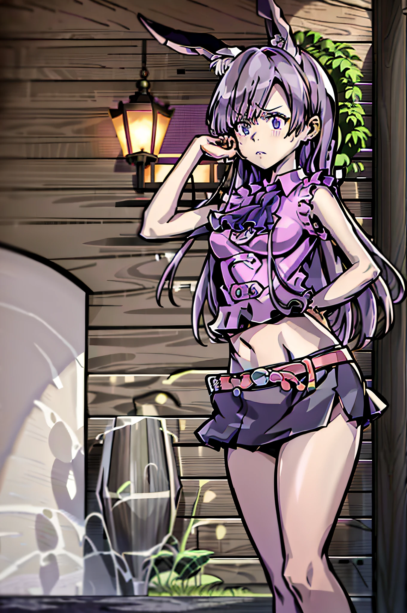 masterpiece, best quality, 1girl, purple hair, long hair, hime cut, blunt bangs, rabbit ears, animal ear fluff, purple eyes, pink shirt, black skirt, (miniskirt:1.2), midriff, navel, single thighhigh, asymmetrical legwear, belt, brown belt, blush, embarrassed, angry, looking at viewer, gloves, black gloves