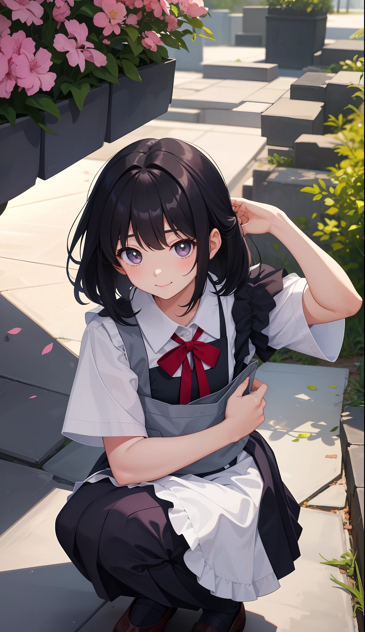 1girl in、AS-Adult、a smile、 The shirt、skirt by the、(small tits)pinafore、doress、hair adornments、(Maids)、Squatting panchira、Spring breeze、