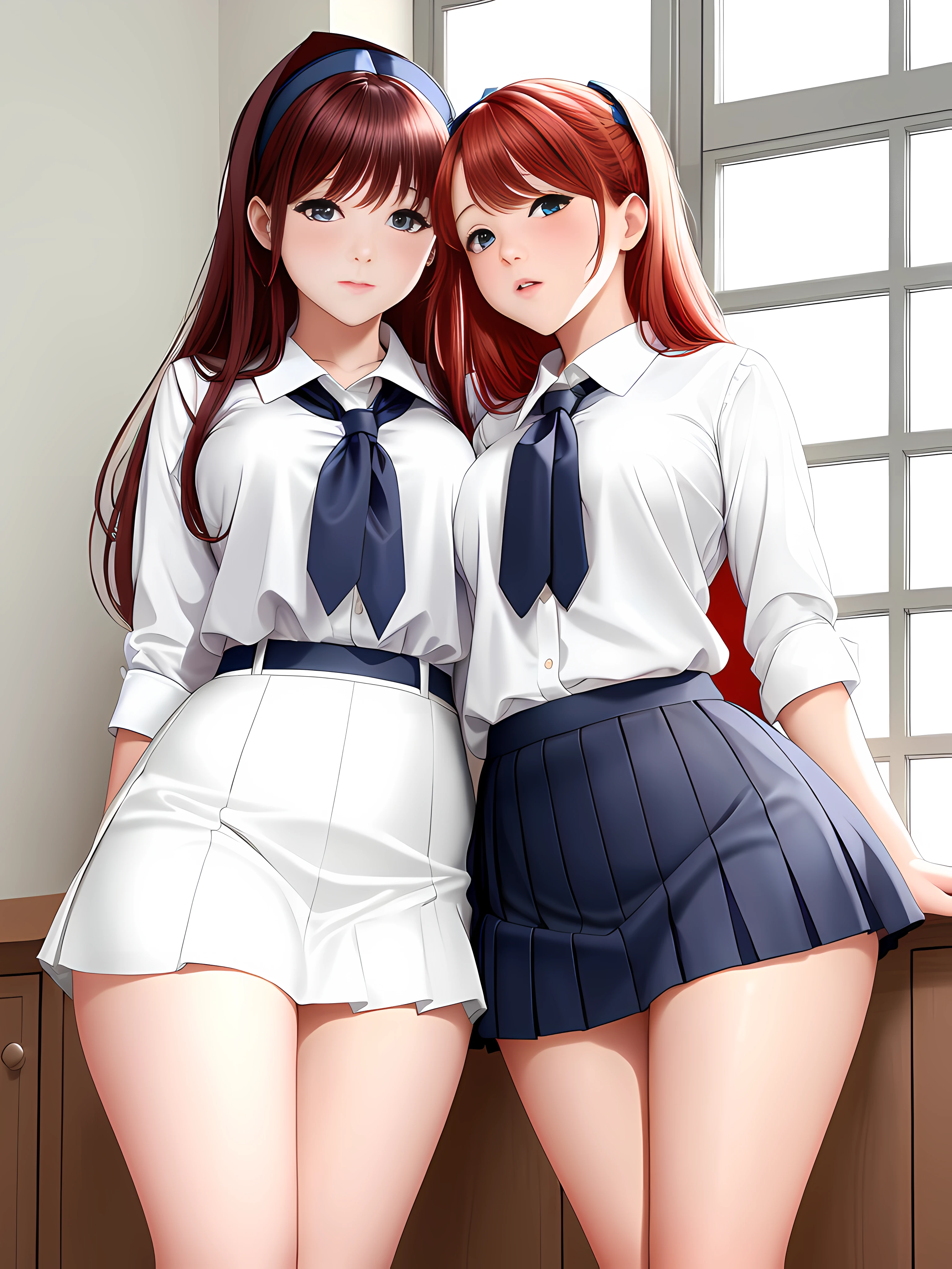 In a private school for girls, in a simple room, gray walls, the window overlooking the garden, two beautiful schoolgirls, sexy, , kissing and having sex lying on the bed, masturbating each other touching each other's vagina under the panties, red hair, green almond eyes, white skin, athletic body, shapely legs, wide hips and small waist, extremely detailed eyes, white blouse, medium chest, schoolgirl uniform, white blouse, long sky blue skirt, white stockings with blue lines on the sides,