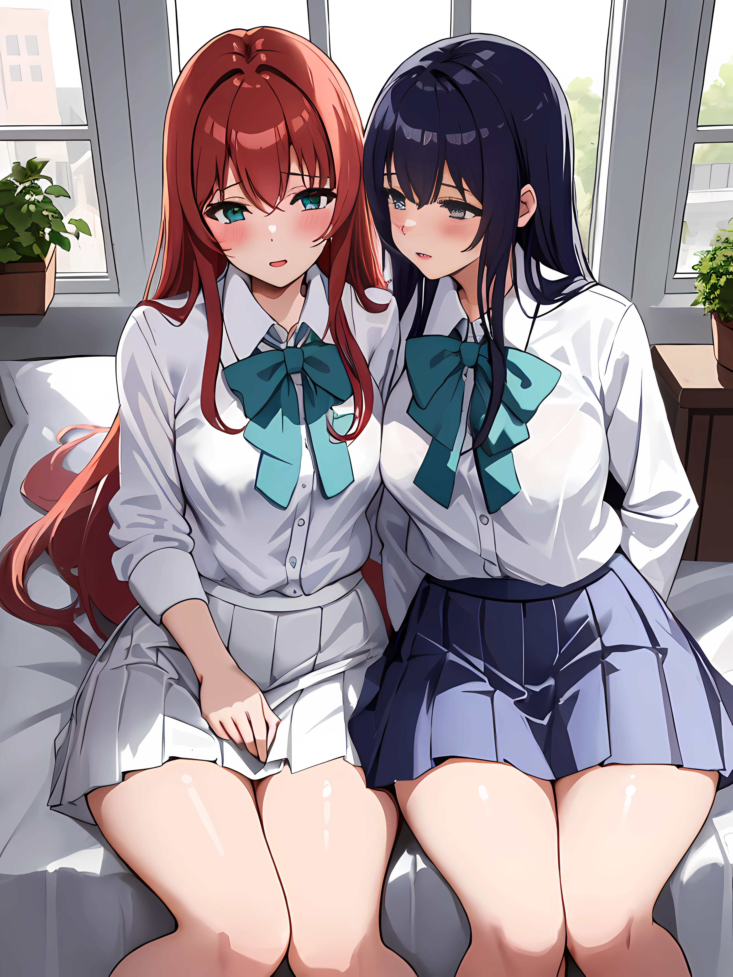 In a private school for girls, in a simple room, gray walls, the window overlooking the garden, two beautiful schoolgirls, sexy, 17 years old, kissing and having sex lying on the bed, masturbating each other touching each other's vagina under the panties, red hair, green almond eyes, white skin, athletic body, shapely legs, wide hips and small waist, extremely detailed eyes, white blouse, medium chest, schoolgirl uniform, white blouse, long sky blue skirt, white stockings with blue lines on the sides,