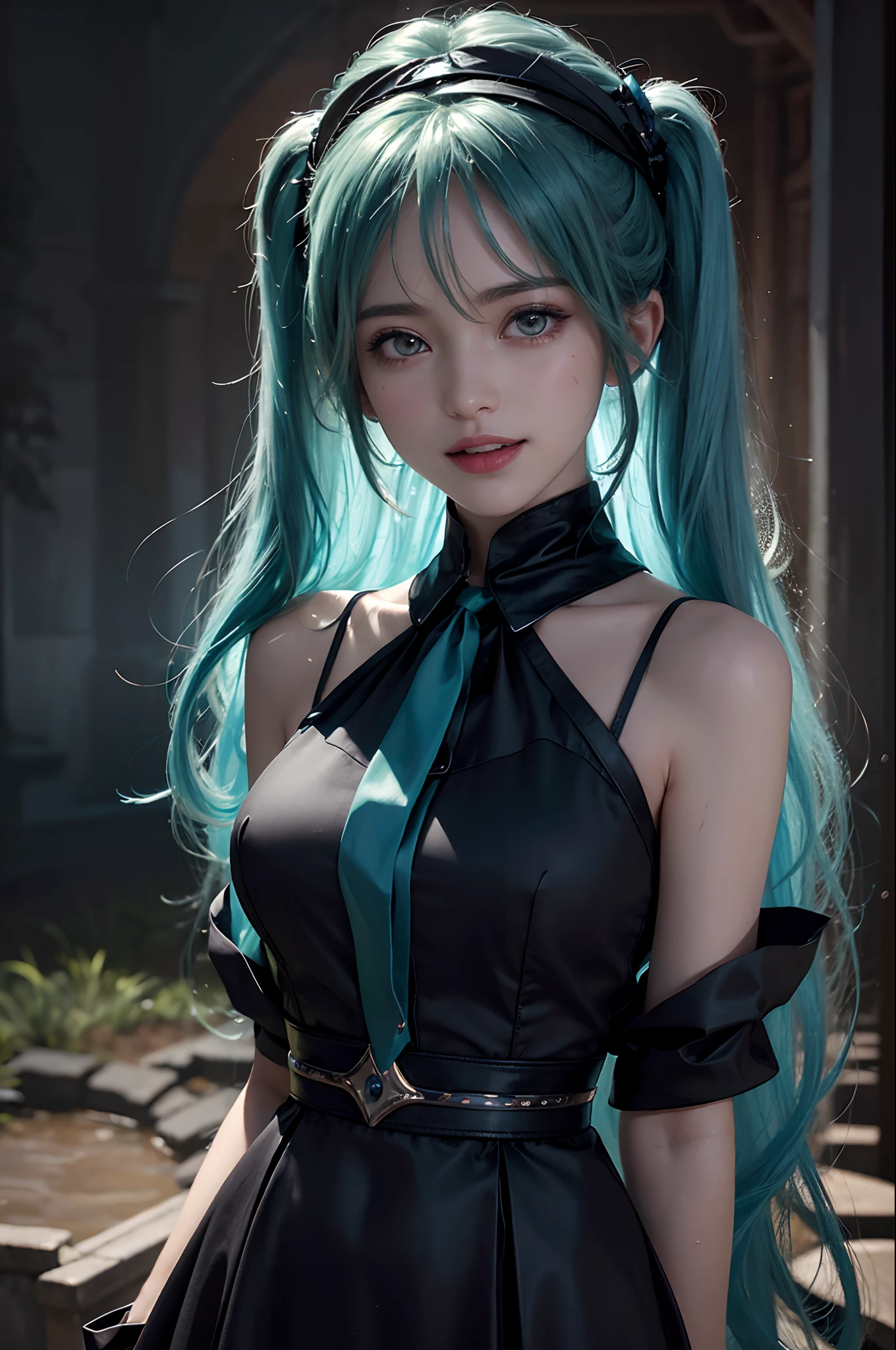 masterpiece,Game Art,Best picture quality,Maximum resolution,8k,(Upper Body,ambush),Unreal Engine 5 rendering works,Ray Tracing,RAW photos,(((Hatsune Miku Character))), (((Tosca Hair Color))), ((Long double ponytail hairstyle)), Enjoy the scenery, Focus on the Horizon, (((Perfect eyes))), (((Smile))), 21-year-old girl, Perfect body, (((Perfect anatomical structure))), Tosca Eye Color, Double eyelids, (((Small breasts))), Very detailed skin texture, (Realistic skin), Ultra-fine face, Delicate lips, (((Delicate eyes))), (((Double eyelids))), necklace, Moist skin, Wet hair, Simple background, (Front focus), (On the peaks:1.2), (((Night Atmosphere))), Deep Dark, Surrealist Portraits of Women by David Hockney and Alphonse Mucha, Fantasy Art, (((Photo-realistic))), ((Dynamic poses)), (((World Model Poses))), Dynamic Lighting, Art Station, poster, Volumetric Lighting, Very detailed faces, 4K, in the darkness, (((Night Atmosphere))), ((Deep Shadows)), Low profile, Cowboy shooting, (((Red long skirt))), Lighting Dress, (((Erotic lace dress))), (((stocking))),((3D Unreal Engine)),OC rendering reflection mode