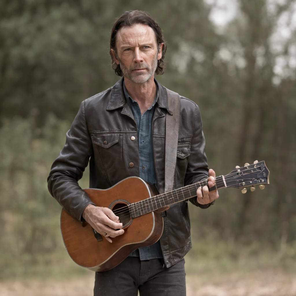 personagem Rick de The Walking Dead, tocando guitarra, burning buildings in the background, alta qualidade