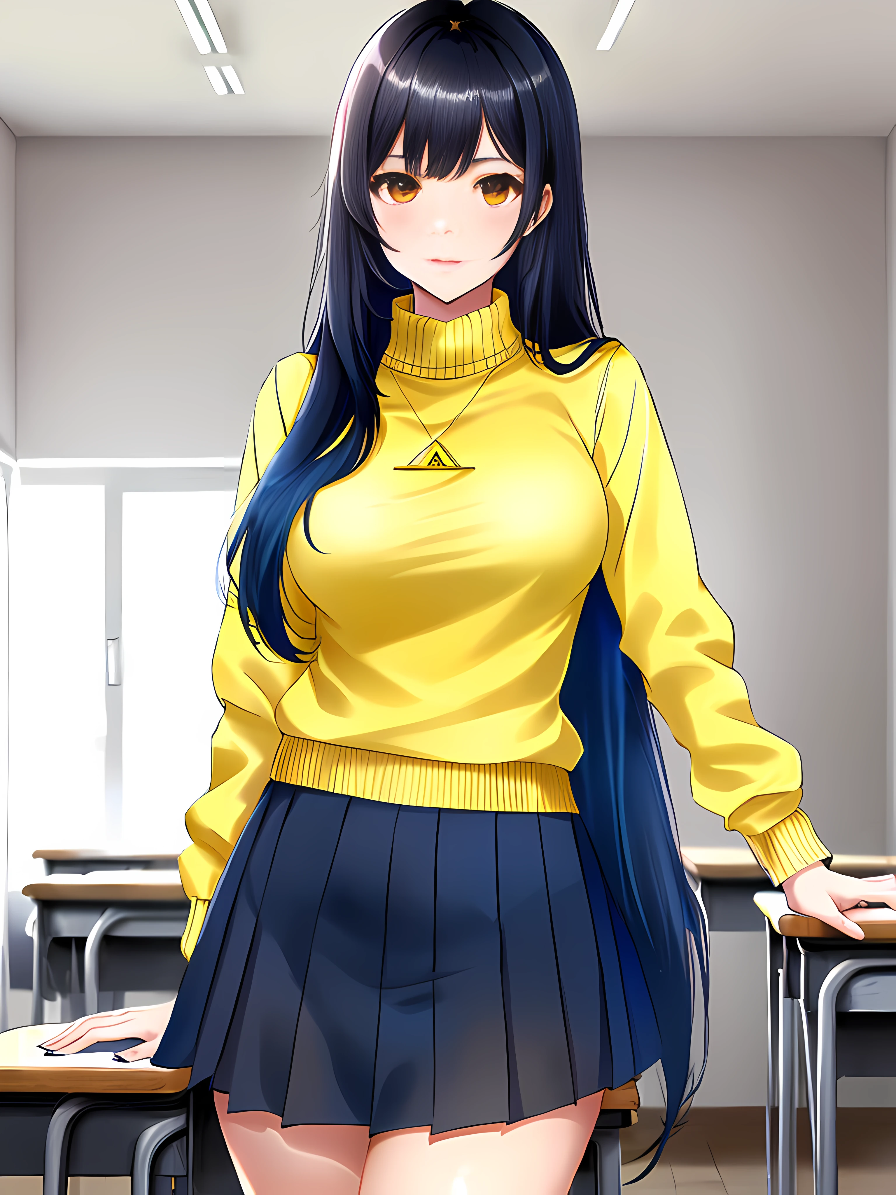 A beautiful student girl without make-up, ************, /(long black hair with blue tips, triangular face, perfect yellow eyes, shapely legs, hourglass body, sexi,), /(school uniform: Yellow sweater, white blouse, dark blue miniskirt, dark blue socks,)