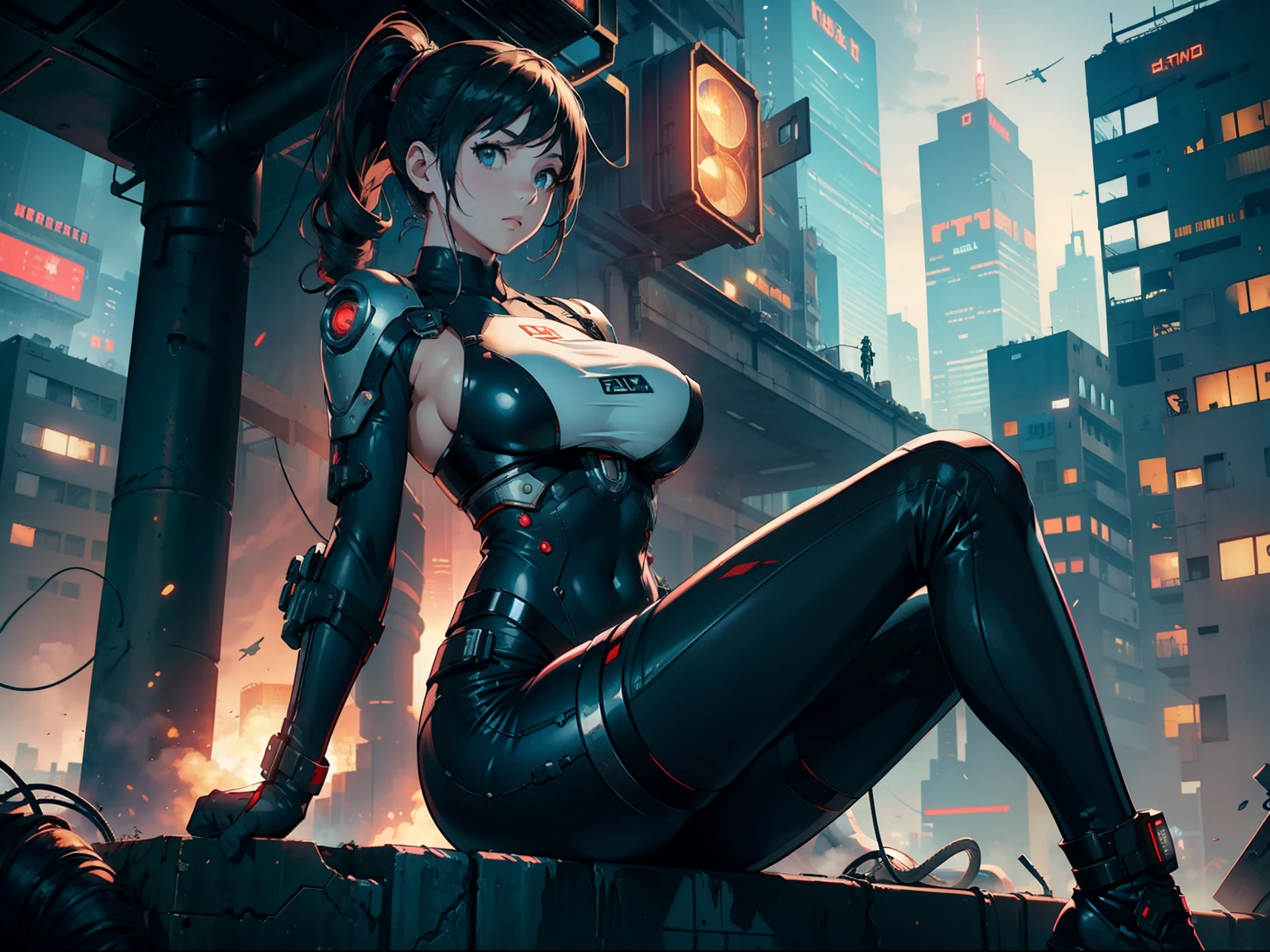 (1girl:1.3), mechanic woman, sci-fi suit, Full Body, Solo, __Body Parts__ Realistic Skin, Pale Skin, Big Boobs, Official Art, Unified 8K Wallpaper, Ultra Detailed, Beautiful and Aesthetic, Beautiful, Masterpiece, Best Quality, In Cyberpunk City, Fantastic Atmosphere, Calm Color Palette, Peaceful Mood, Soft Shadows, Nurse, Glamour, Huge Tits, City Ruins, Perfect Boobs, Perfect Face, Perfect Body, Night, Sexy Body