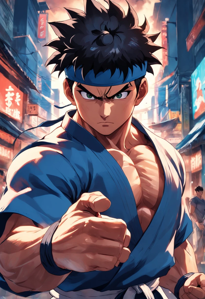 A perfect art by Ryu of Street Figther serious expression, olhando para frente, cabelos pretos, Dougi, luvas sem dedos, detalhes incriveis, sombras perfeitas, olhos perfeitos, perfect hands and fingers, Foco masculino.