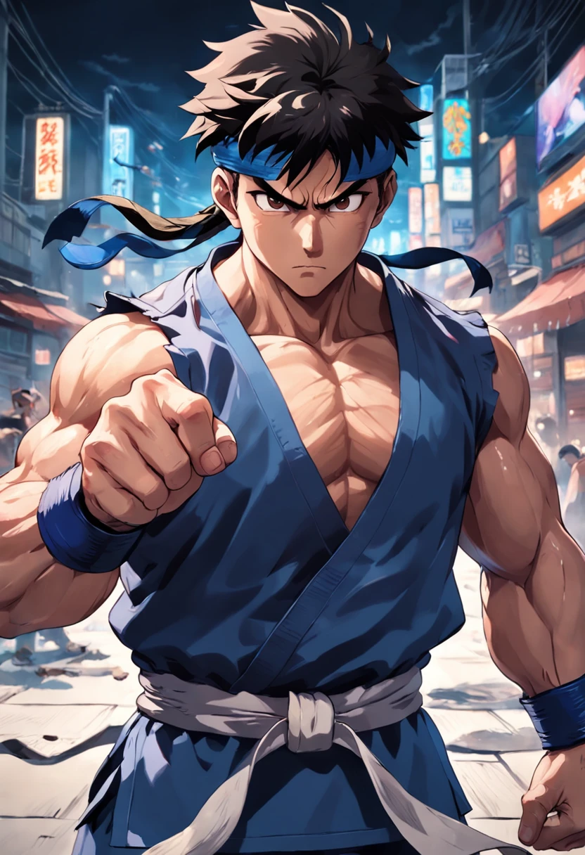 A perfect art by Ryu of Street Figther serious expression, olhando para frente, cabelos pretos, Dougi, luvas sem dedos, detalhes incriveis, sombras perfeitas, olhos perfeitos, perfect hands and fingers, Foco masculino.