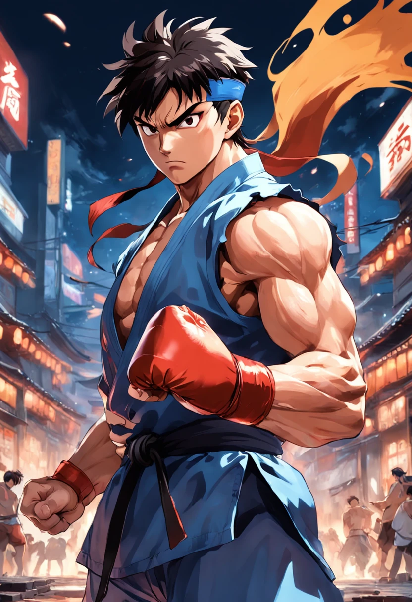 A perfect art by Ryu of Street Figther serious expression, olhando para frente, cabelos pretos, Dougi, luvas sem dedos, detalhes incriveis, sombras perfeitas, olhos perfeitos, perfect hands and fingers, Foco masculino.