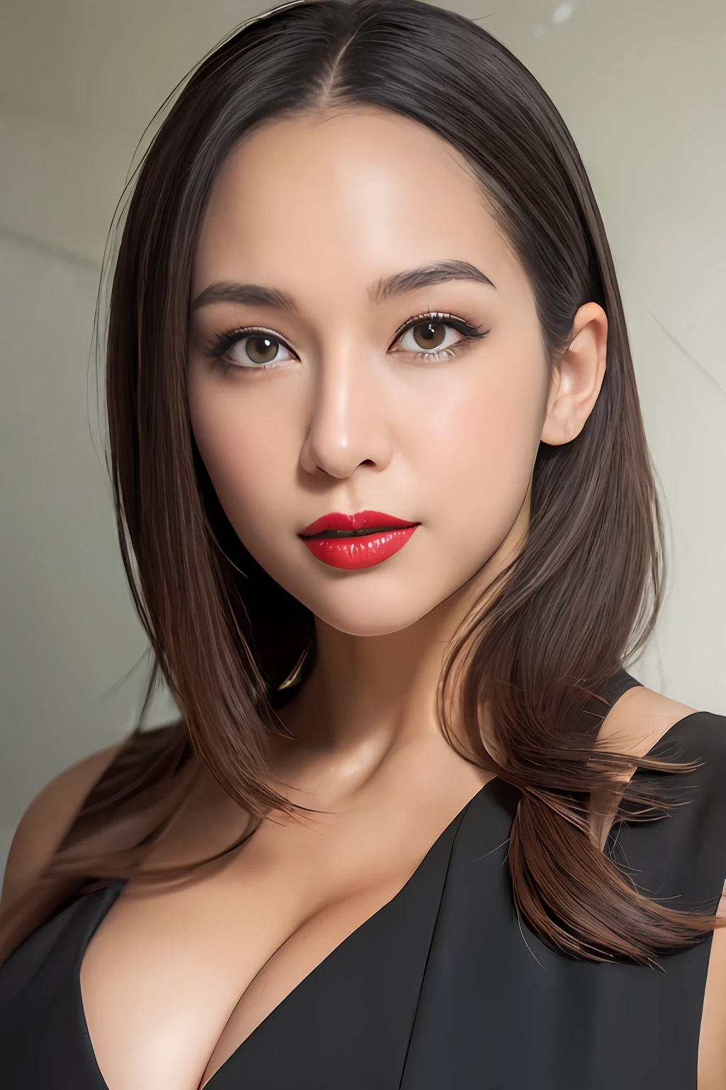 High quality, Shiny skin, (masutepiece:1.4), (8K, Photorealsitic, Raw photo, Best Quality: 1.4), japanes, (1girll), Beautiful face, (Realistic face:1.4), Beautiful hairstyle, Beautiful detailed eyes, (Best Ratio Eyes:1.5), Attractive, 超A high resolution, Ultra photo realsisim, Highly detailed, Optimal ratio, (Detailed face:1.4), view the viewer, red lipsticks, (Best Ratio Fingers:1.5), (Realistic brown eyes:1.2), High Proportion Realistic Breasts, Realistic medium breasts, (Closed mouth:1.5), Slender body, Face with squinted eyes, Long straight hair, Detailed skin, Realistic, Photorealsitic, Highly detailed, full length frame, High Detail RAW Color Art, Piercing, diffused soft lighting, Shallow depth of field, foco nítido, Cinematic lighting