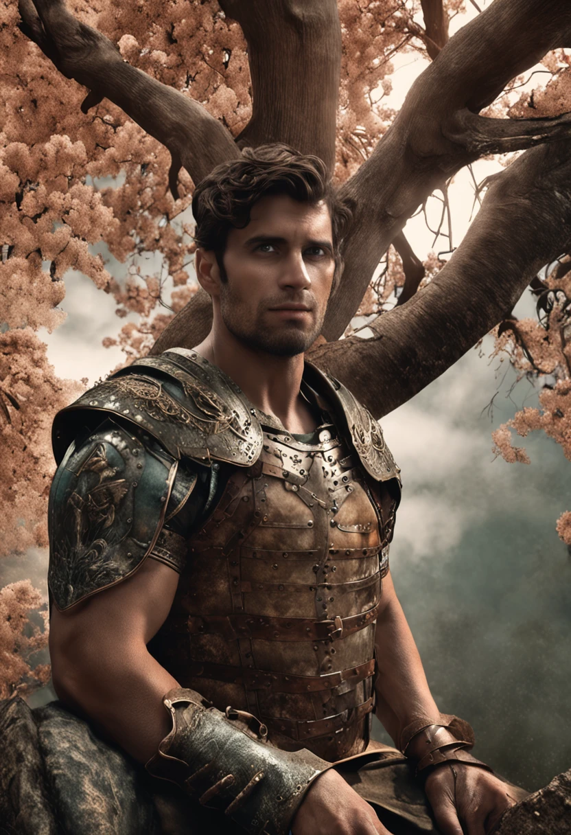 Bela foto realista, A man is near a tree, encostando-se a ele, (Correct anatomy of the hands), vestindo couro velho, fechado, Olhar insinuante, Focus on the camera, The trunk is covered with old leather armor, cabelos escuros, ondulados na altura dos ombros, rosto harmonioso e bonito. The backdrop is a summer scrub, capa de romance, Capa de livro de romance, fantasy romantic, estilo da capa do livro, romance, Capa de fantasia urbana do romance, A capa de um livro de fantasia, fantasy genre portrait