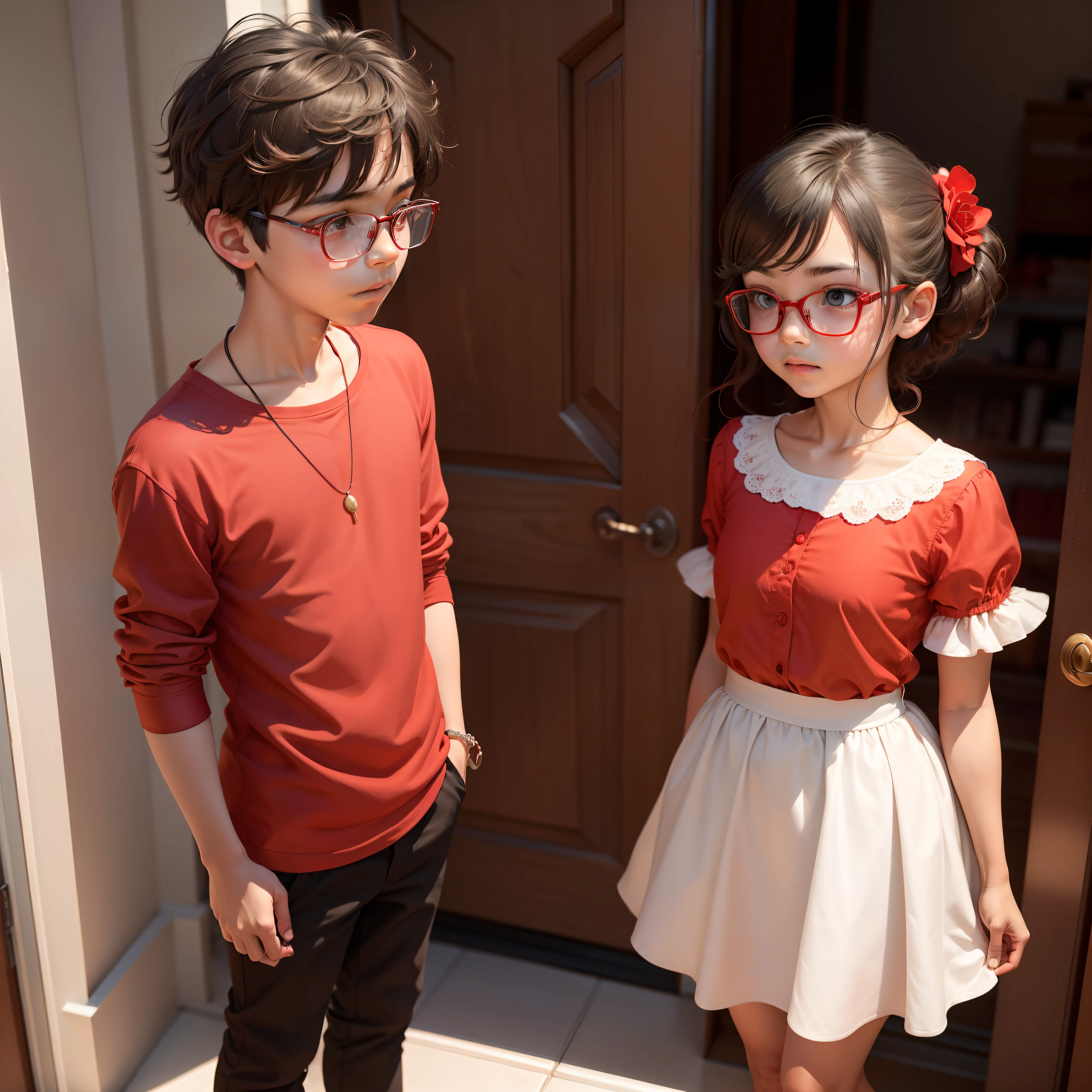 "A boy gazes in awe at a stunning girl wearing glasses, while he himself is without eyewear. The girl is dressed in a vibrant red dress, and the boy is dressed in a crisp white outfit."