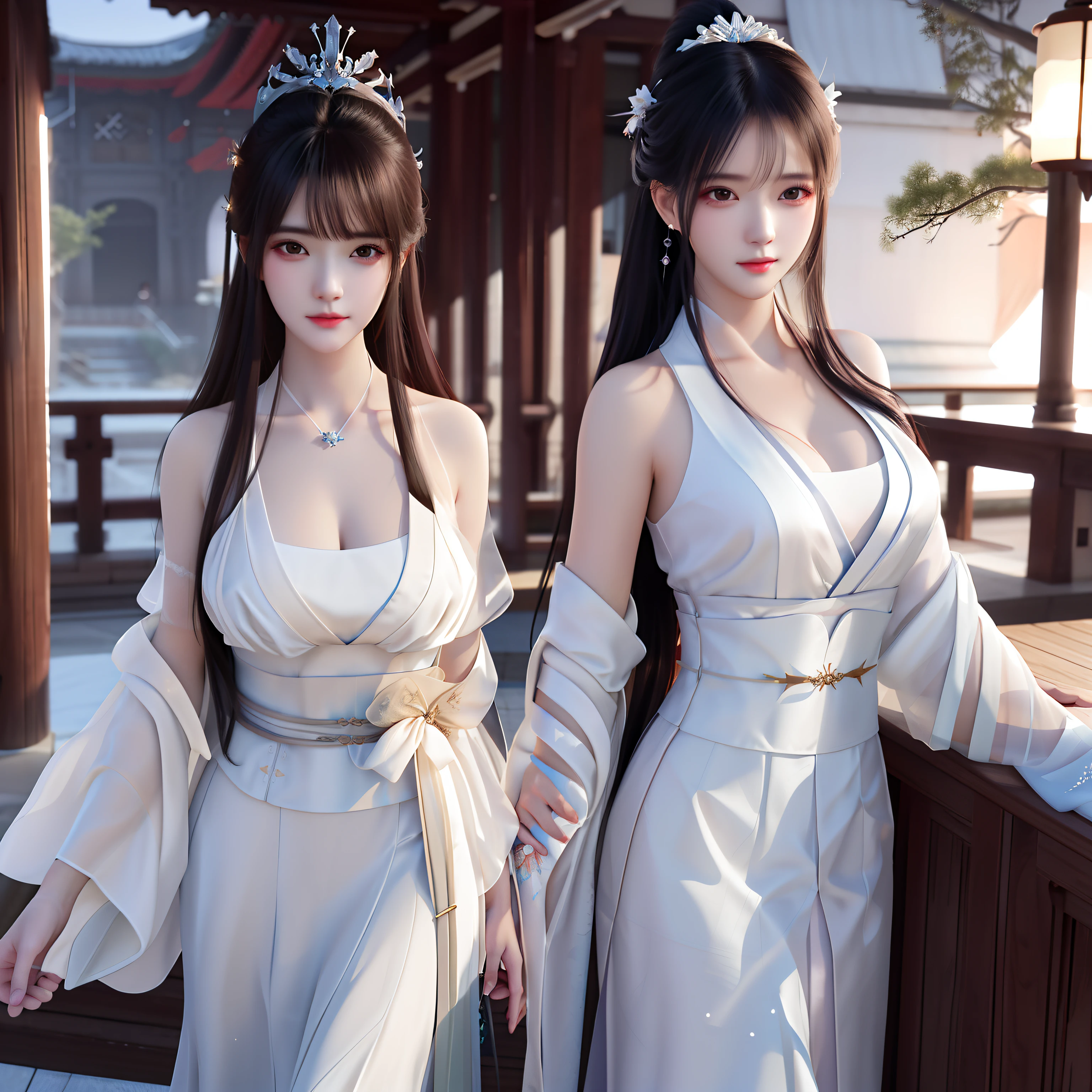 Two women in white dresses stood side by side, trending on cgstation, flowing white robe, WLOP and Sakimichan, White Hanfu, trending at cgstation, Ruan Jia and Artgerm, inspired by Wang Duo, dressed in simple robes, beautiful sci - fi twins, Palace ， A girl in Hanfu