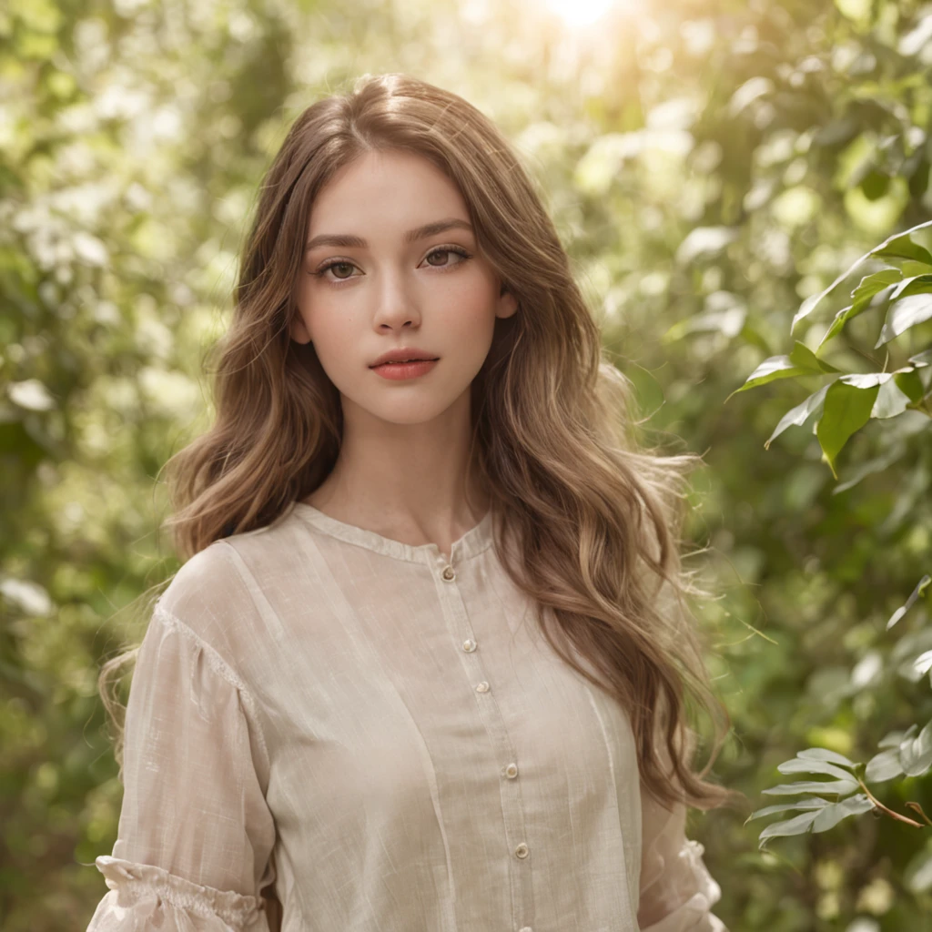 20 year old girl with wavy long blonde hair, Big dark brown eyes, and the perfect oval face, Render in a realistic style,The edges are sharp,Bright atmosphere, Stand in the lush forest,Wear a loose shirt and bright sunshine.