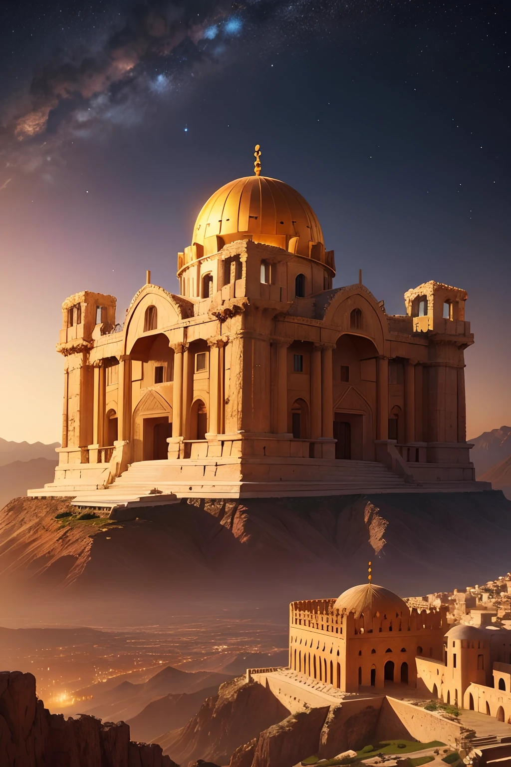 Antique architecture，babel，Mountains，the night，Stars，Castle，Golden Palace，Islamic culture，Greek classical culture，Interstellar culture