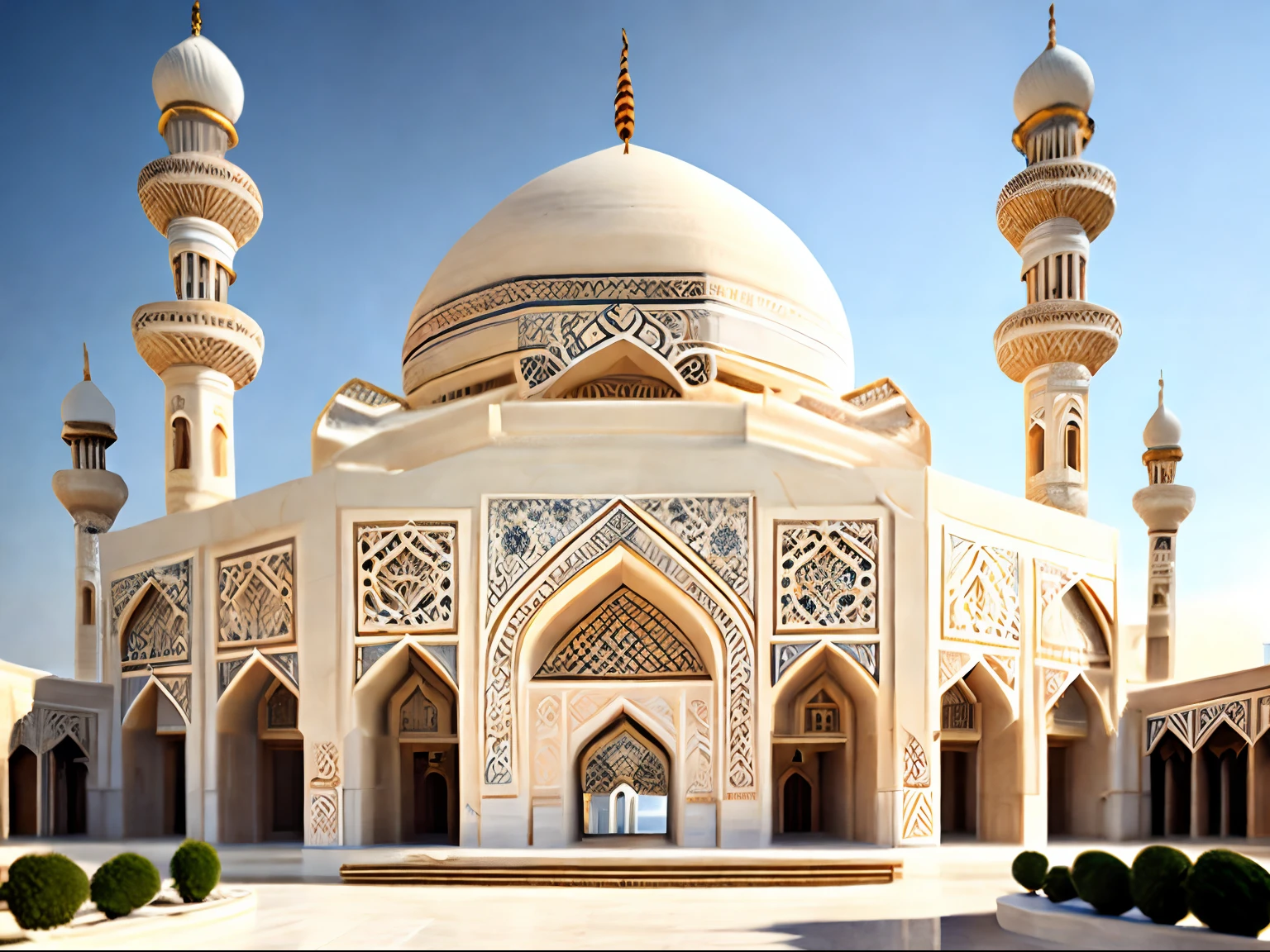 The image of the mosque from the outside, Huge and beautiful building, Natural carved stone construction, Arabic Mosque, Iranian building, Persian Building, Islamic inscriptions, Design of the best architects, Marble flooring, Architectural masterpiece, Photo of the entire building, Realistic, Full and accurate details, Best Quality Building Stones, 巨作, architecture, Natural colors