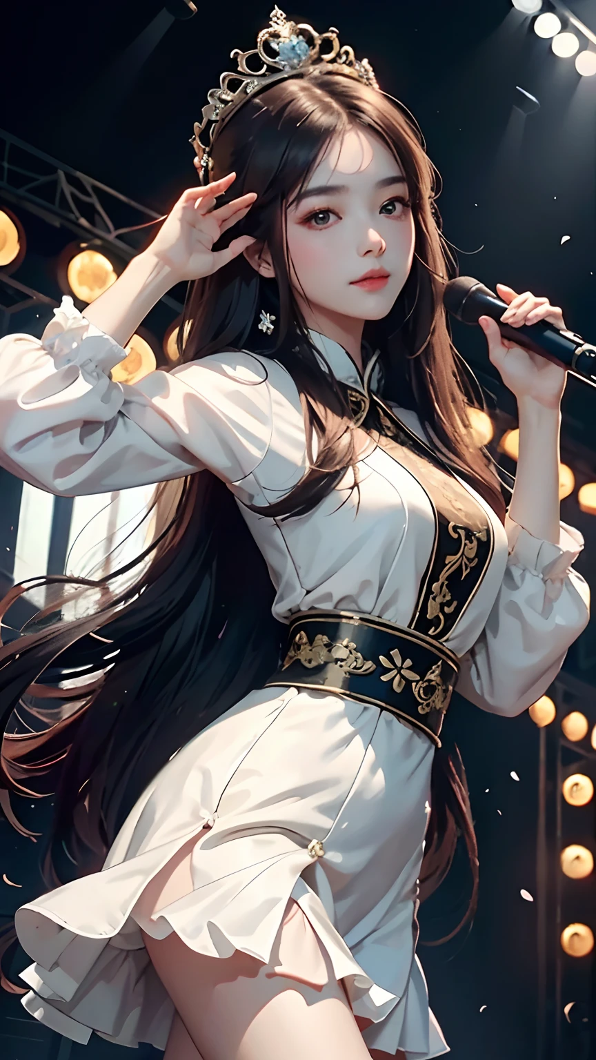 Beautiful long hair cute Chinese modern girl,Twenty-two years old,(face round:1.3),A shallow shy smile,（large black eyes）,（Very detailed and perfect facial depiction）,(Long dark brown hair:1.1),（Full-body appearance:1.3）, （Stand on the shiny stage with a microphone:1.3), A shiny crown is worn on his head，White silk dress, facing to audience，(From the bottom view side), Sing with captivating emotions, Happy look,(A variety of flowers:1.2),（surrounded by flower:1.2), beautiful sexy girl,（light and shadow effect）,（vivd colour）,（Obvious layers）,（Ink painting style）,（Photography Award）,（8k wallpaper）,（Masterpiece）,（best qualtiy）,A picture,realisticlying