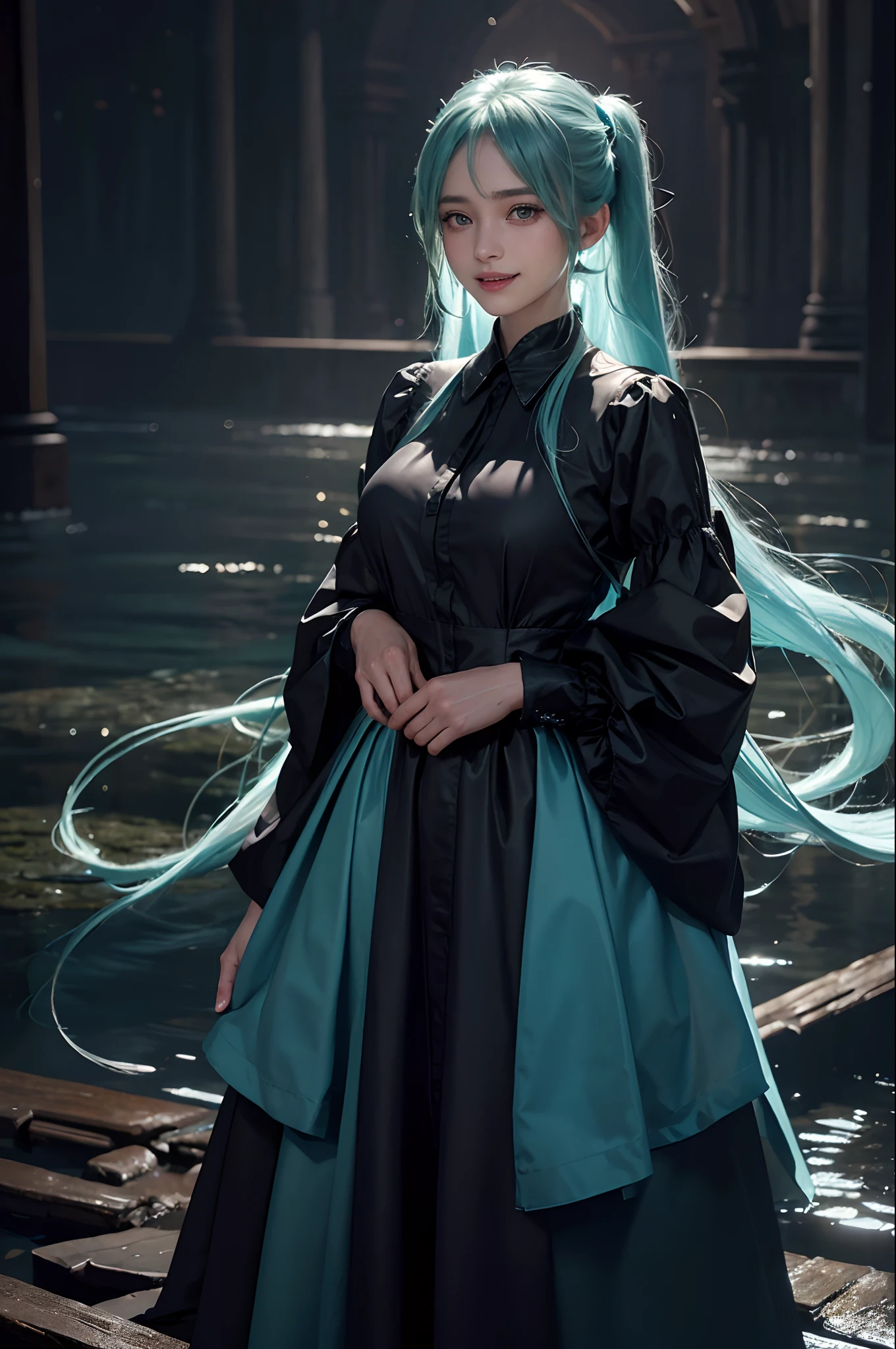 (hatsune miku charakter), tosca hair color, long twin tail hair with pony, looking at the view, eyes on the view, smile (big smile), (open mouth), full body, 21 years old girl, perfect body, perfect anatomy, tosca eye color, double eyelids, huge breasts, Highly detailed skin texture,(Realistic skin), Ultra-Detailed Face, Detailed Lips, Detailed Eyes, Double Eyelids, nacklaces, wet skin, wet hair, (front focus), (in the dark:1.6), Hyperrealist portrait of female by david hockney and alphonse mucha, fantasy art, photo realistic, dynamic pose, dynamic lighting, artstation, poster, volumetric lighting, very detailed faces, 4 k, award winning, in the dark, deep shadow, low key, cowboy shot, (official clothing:1.4), luxury satin long dress, lighting dress full body photo