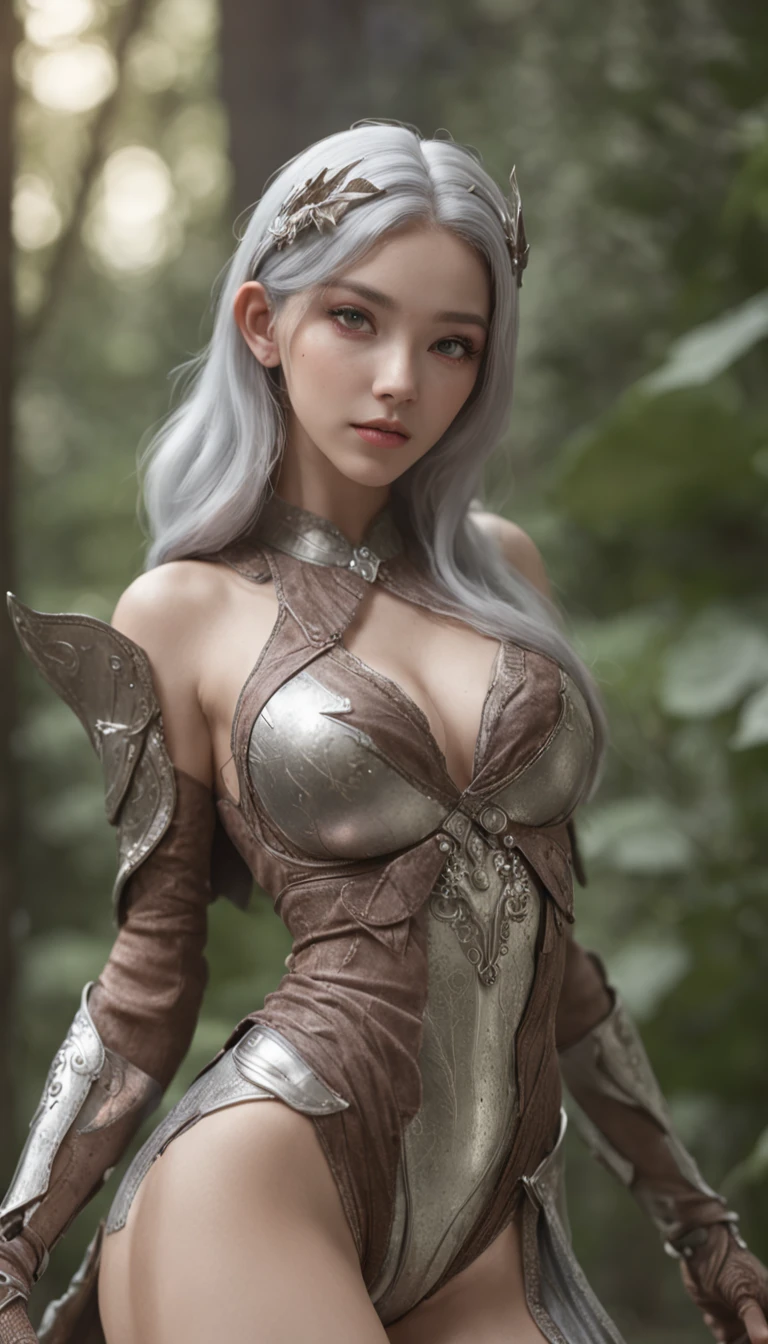 (Quality:high high quality, High definition CG, Fine depiction) (Painting style:the elf, psychedelia) (Lens effects:flowy, Dynamic angle, Dynamic pose) (人物:1个Giant Breast Girl) (Character description:eBlue eyes, silber hair:1.3) (garments:silver armor) (Scenes:Forest at night),(Whole body diagram)