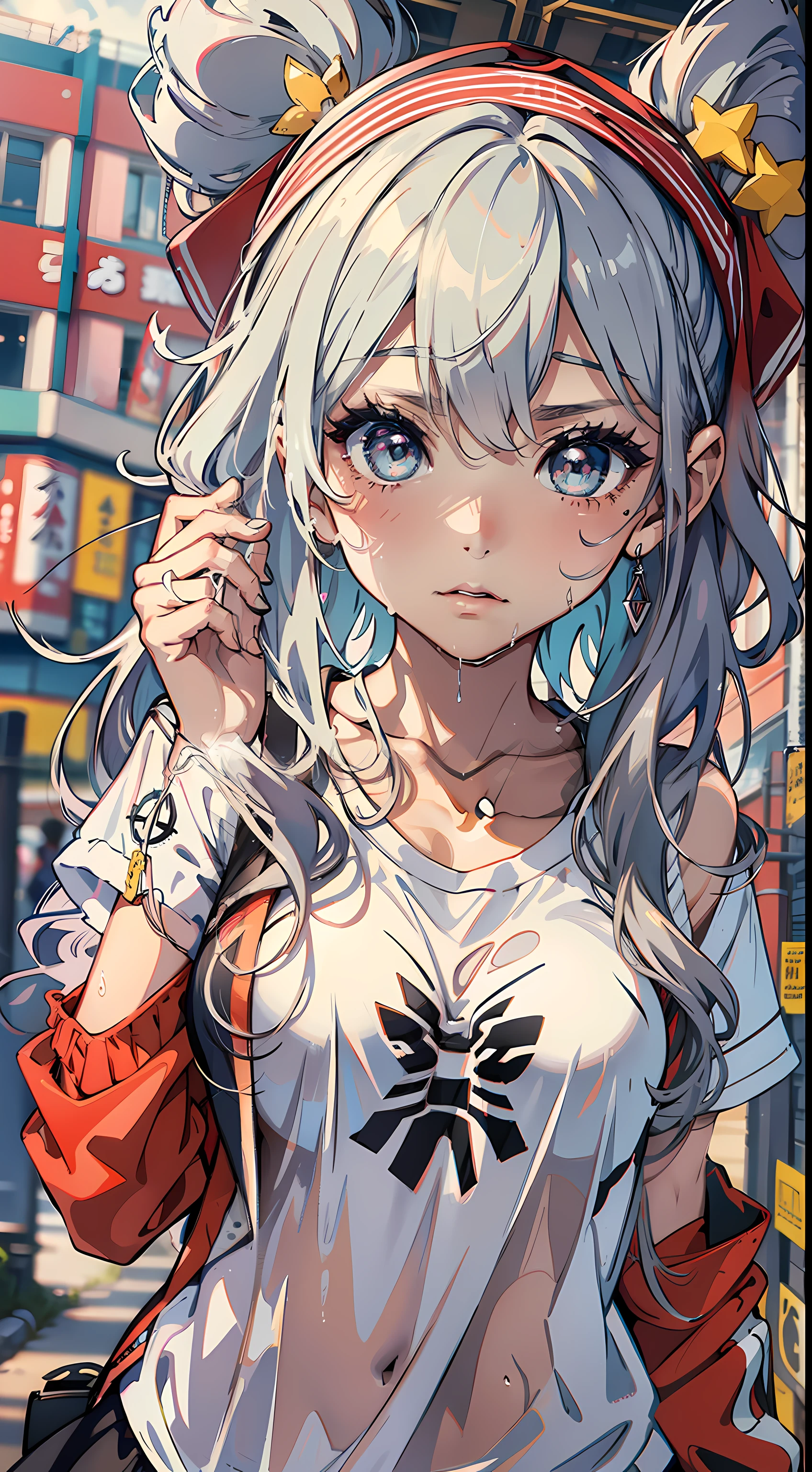 1female, 15year old, bit girl, Lori huge breasts cleavage, super adorable, Small breasts, Pornographic exposure, 独奏, (Background with:in summer) She has long silver-gray hair, Headband with baseball cap, standing on your feet, Sweat profusely, drenched all over the body, seen from the front, curlies, mostly cloudy sky, (((tmasterpiece), (Very detailed CG unity 8K wallpaper), best qualtiy, cinmatic lighting, detailed back ground, beatiful detailed eyes, Bright pupils, (Very fine and beautiful), (Beautiful and detailed eye description), ultra - detailed, tmasterpiece, )), facing at camera, A high resolution, ultra - detailed), revealing breasts, Japan Elementary School Girl(Wearing:Red flying baseball shirt, Black jumpsuits)