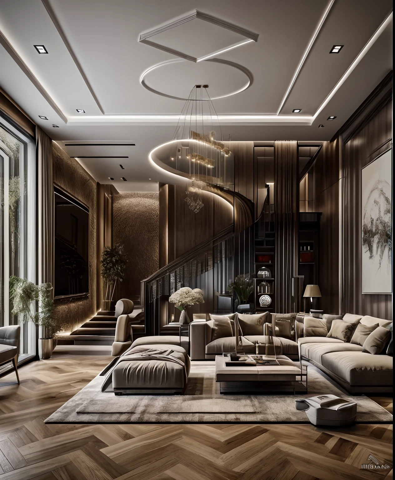 ((masterpiece,best quality,highres,sharp forcus)) (((detail forcus))) (livingroom ,4k , sofa , Tivi, flat plaster ceilling), (kitchen and dining table:1.1), stair to 2nd floor