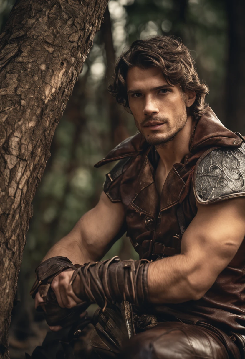 Bela foto realista, Um homem de 20 anos, jovem, is near a tree, encostando-se a ele, (Correct anatomy of the hands), vestindo couro velho, fechado, Olhar insinuante, Focus on the camera, The trunk is covered with old leather armor, cabelos escuros, ondulados na altura dos ombros, rosto harmonioso e bonito. The backdrop is a summer scrub, capa de romance, Capa de livro de romance, fantasy romantic, estilo da capa do livro, romance, Capa de fantasia urbana do romance, A capa de um livro de fantasia, fantasy genre portrait