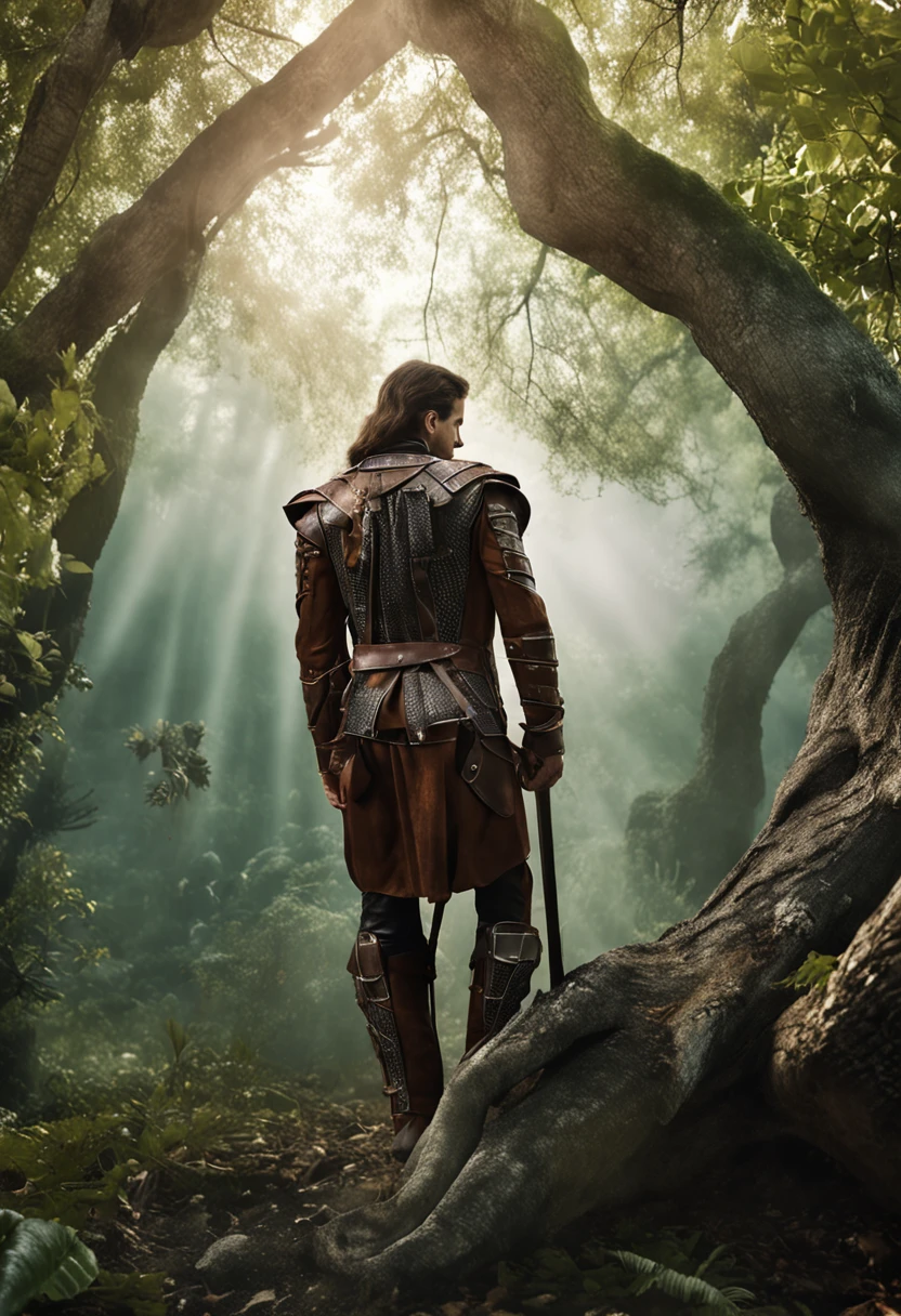 Bela foto realista, Um homem de 20 anos, jovem, is near a tree, encostando-se a ele, (Correct anatomy of the hands), vestindo couro velho, fechado, Olhar insinuante, Focus on the camera, The trunk is covered with old leather armor, cabelos escuros, ondulados na altura dos ombros, rosto harmonioso e bonito. The backdrop is a summer scrub, capa de romance, Capa de livro de romance, fantasy romantic, estilo da capa do livro, romance, Capa de fantasia urbana do romance, A capa de um livro de fantasia, fantasy genre portrait