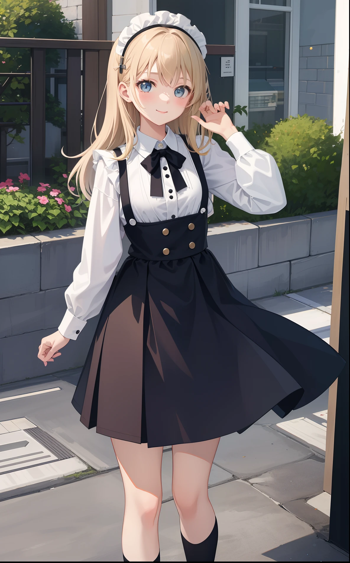 1girl in、AS-Adult、A smile、A delightful!　The shirt、skirt by the、（small tits）pinafore、doress、hair adornments、（Maids）、Spring breeze、