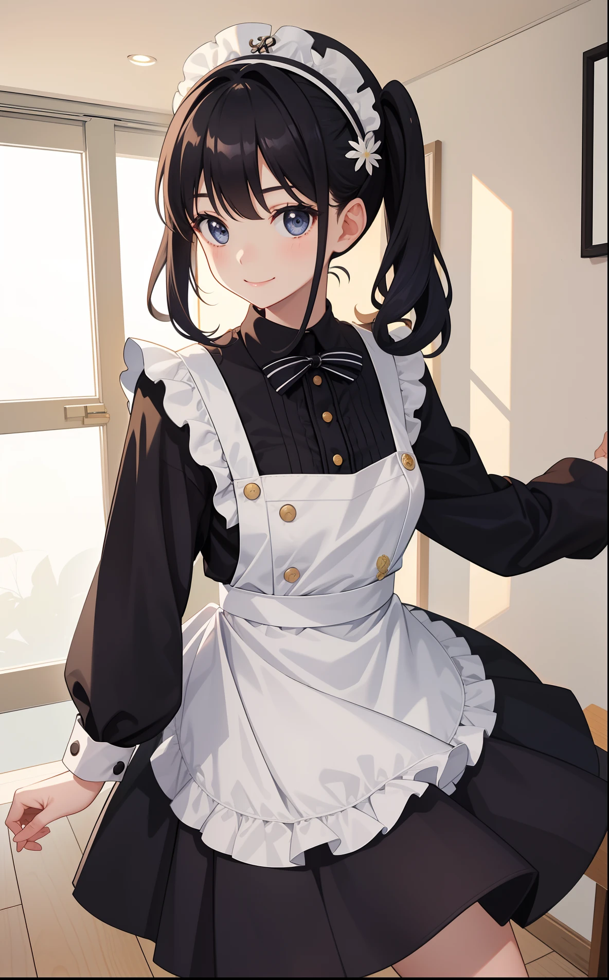 masuter piece, Best Quality, 超A high resolution, top-quality, Anime style, My happy marriage, Saimori Mercer, White ribbon on hair, Black-purple hair, Longhaire, (Dress:1.3), (Light blue clothes:1.3), Beautiful light makeup, (Low ponytail:1.3), (1girll:1.3), Laughing, White collar, Thin belt of black color