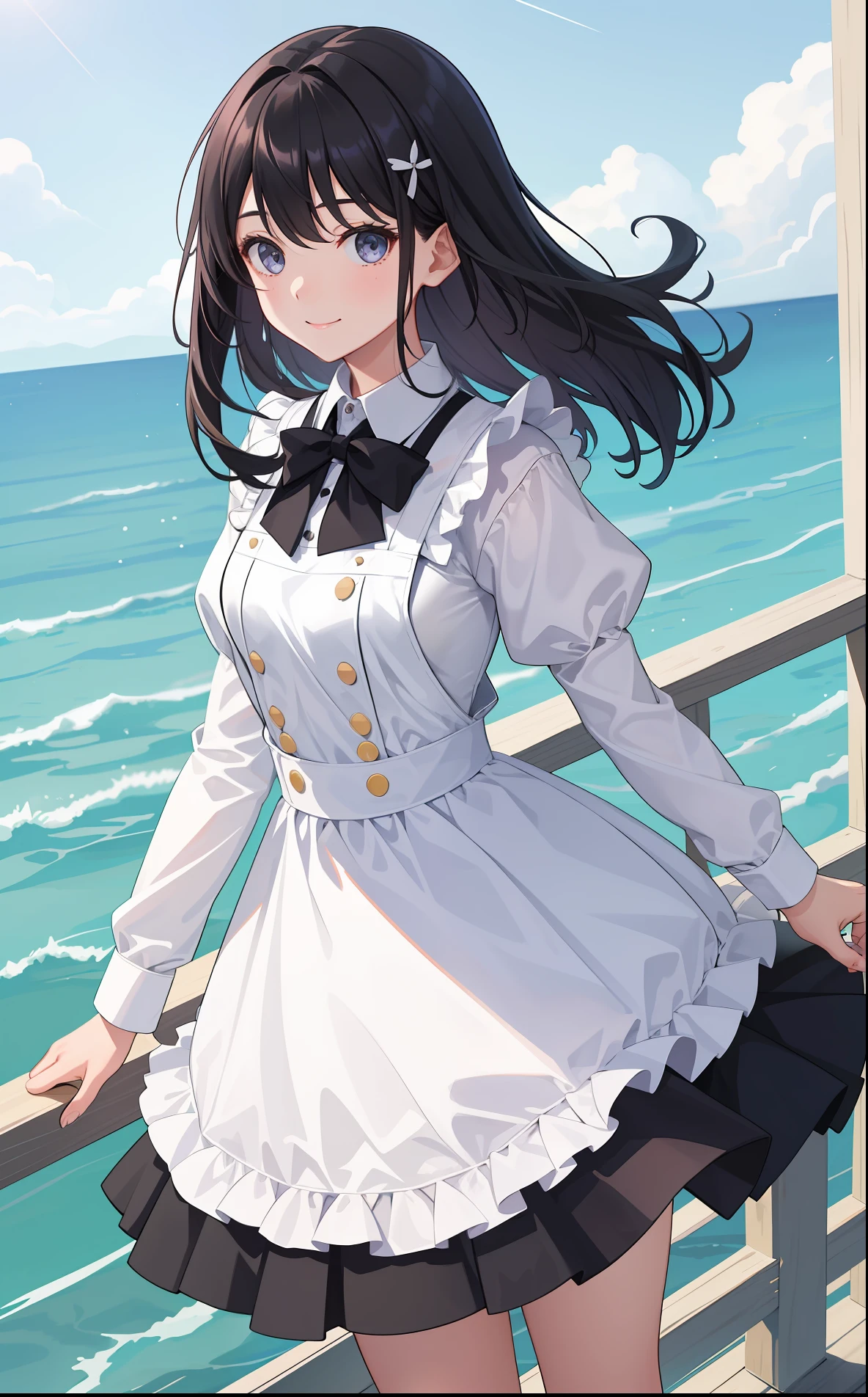 1girl in、AS-Adult、A smile、A delightful!　The shirt、skirt by the、（small tits）pinafore、doress、hair adornments、（Maids）、Spring breeze、
